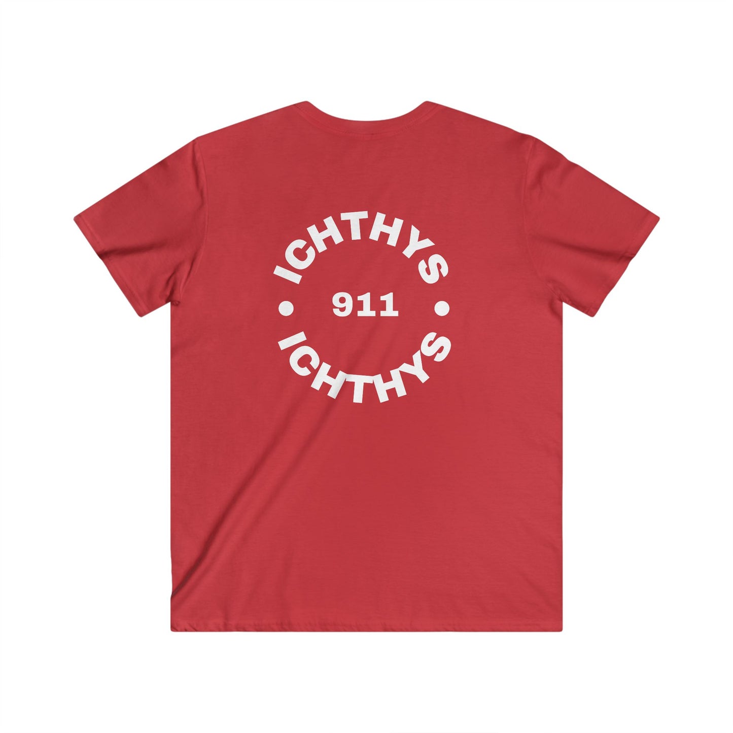 Authentic Round Collection - Men's Fitted V-Neck Short Sleeve T - Shirt - Faith-Inspired - Christian Faith - White Font - ICHTHYS 911 -
