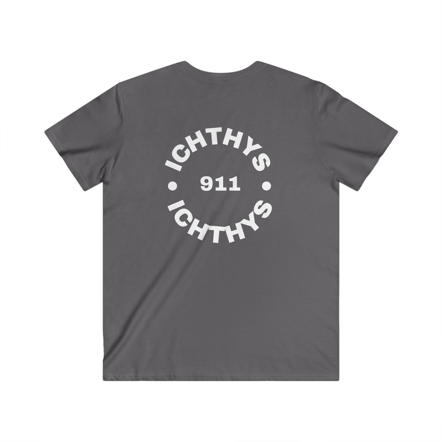 Authentic Round Collection - Men's Fitted V-Neck Short Sleeve T - Shirt - Faith-Inspired - Christian Faith - White Font - ICHTHYS 911 -
