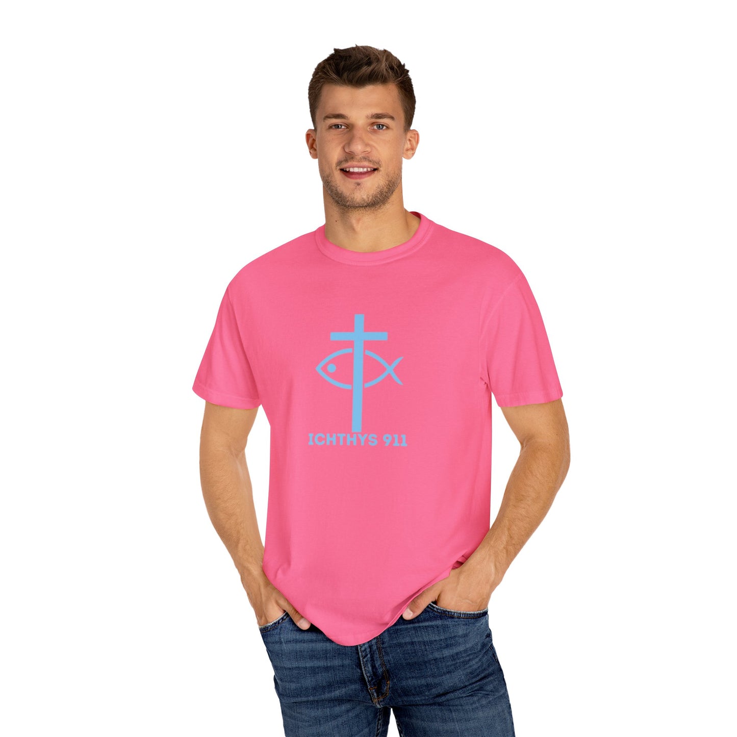 ICHTHYS 911 "Strength Through Christ Philippians 4:13" - Blue Font - Unisex Garment Dyed T- Shirt - 100% US Cotton -Men T-Shirt - Women T-Shirt- Christian Activewear - Wear Your Faith