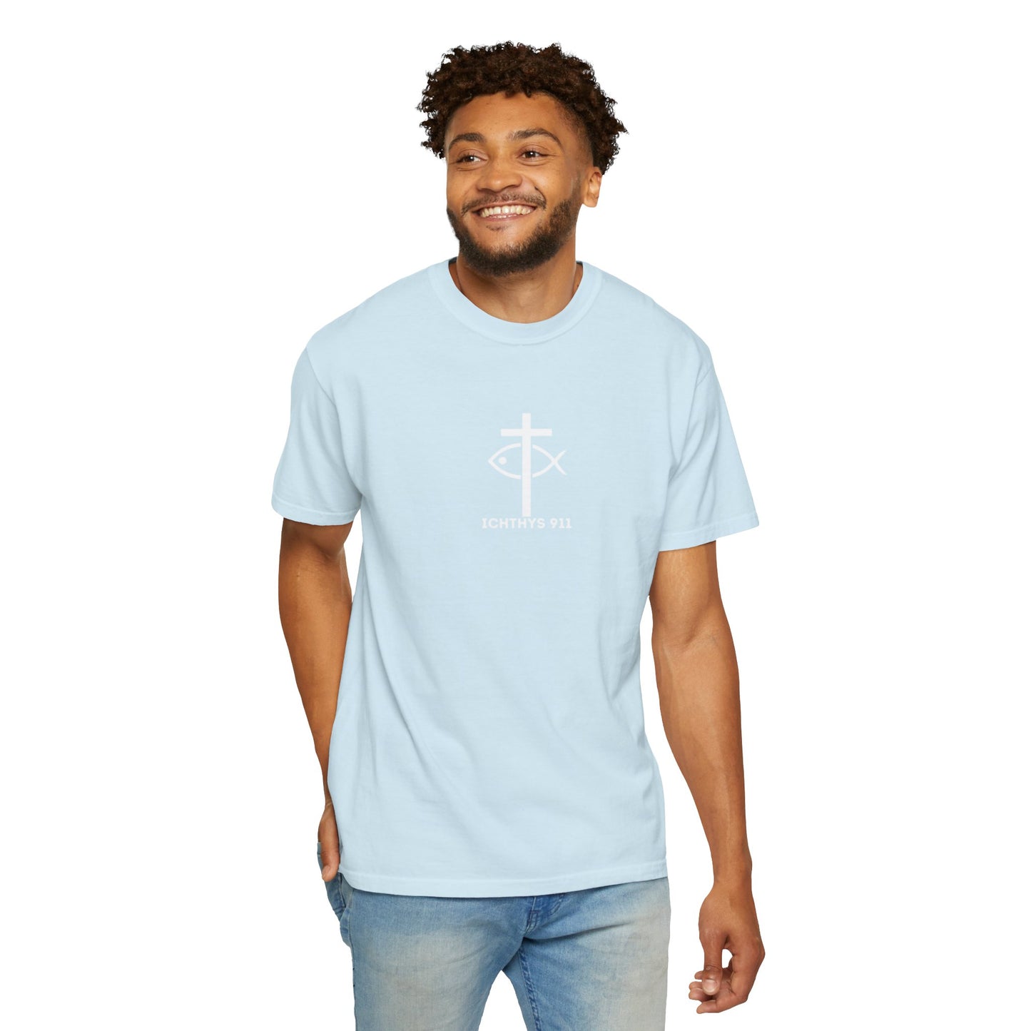 ICHTHYS 911 - White Font "Faith, Hope, & Love" - Garment Dyed - 100% US Cotton - Unisex T-Shirt - Men T-Shirt - Christian Women Tee - Faith-Inspired Shirt - Christian Fashion - Wear Your Faith - Additional Colors
