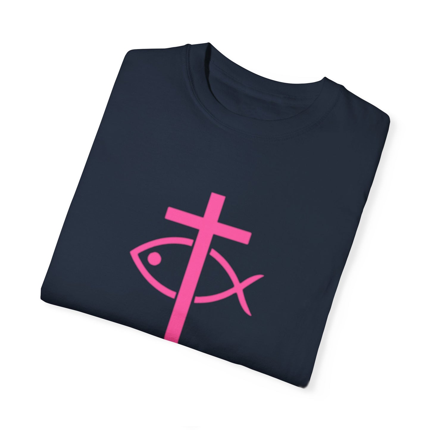 ICHTHYS 911 - Authentic - W/O IC 911 on Back Christian Streetwear T-Shirt – Jesus Gym & Faith Fashion, Unisex Garment-Dyed T-Shirt Hot Pink Font