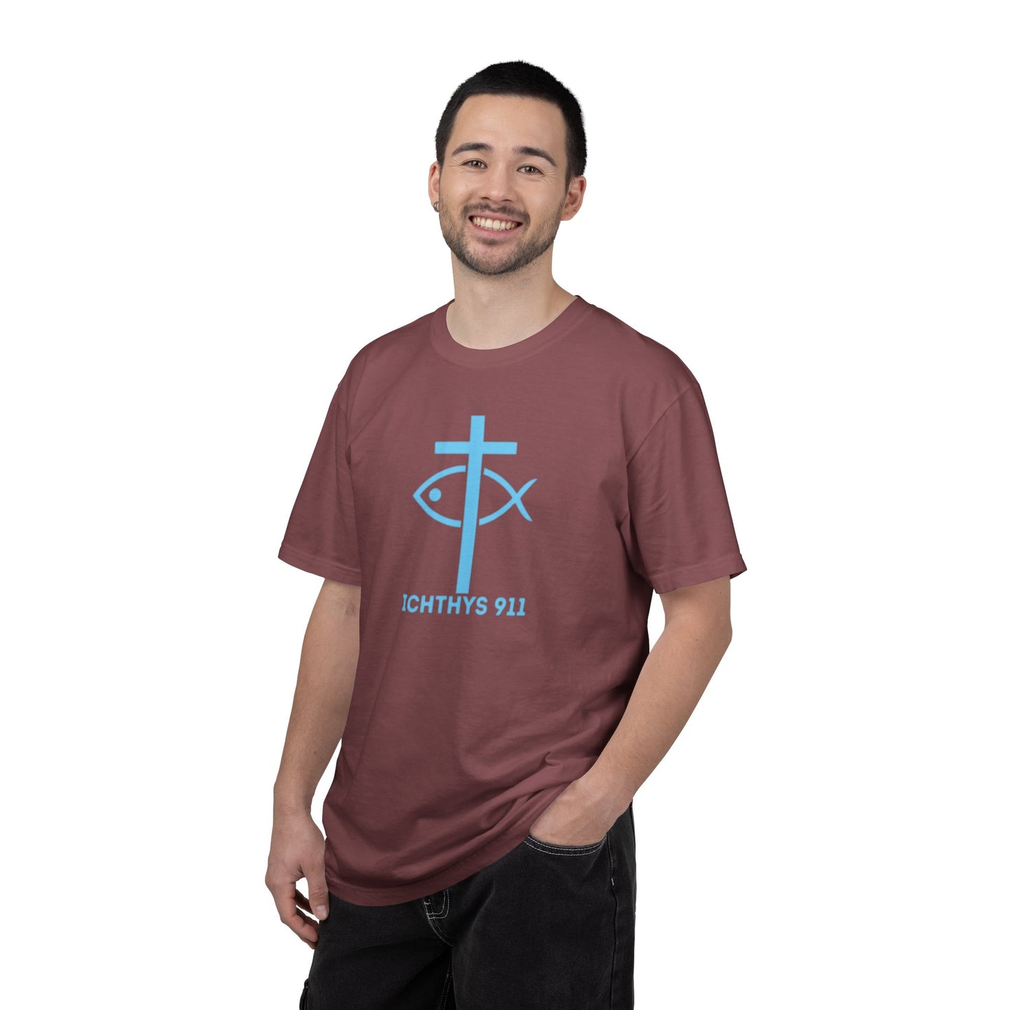 Authentic - Christian Streetwear T-Shirt – Jesus Gym & Faith Fashion, Unisex Garment-Dyed T-Shirt Blue Font - ICHTHYS 911