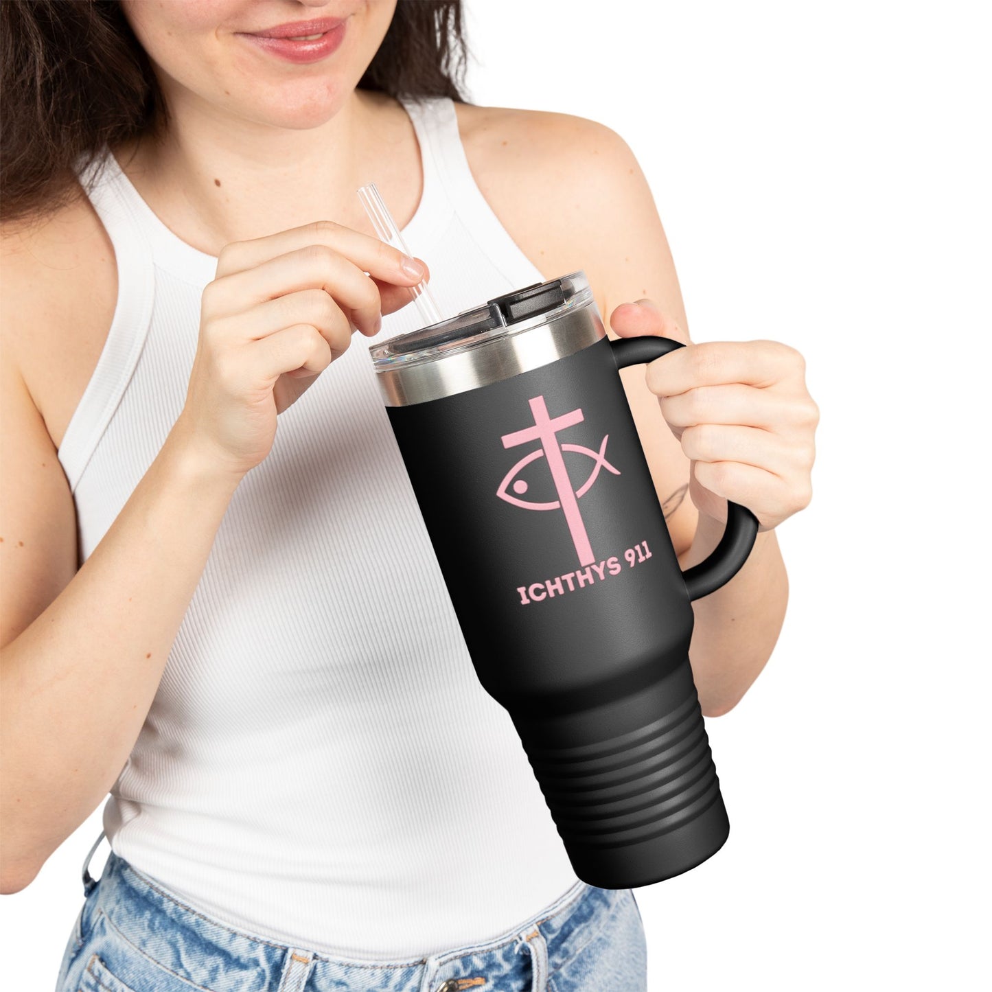 40oz Insulated Travel Mug with Straw - Perfect for On-the-Go Hydration & Outdoor Adventures - Featuring ICHTHYS 911