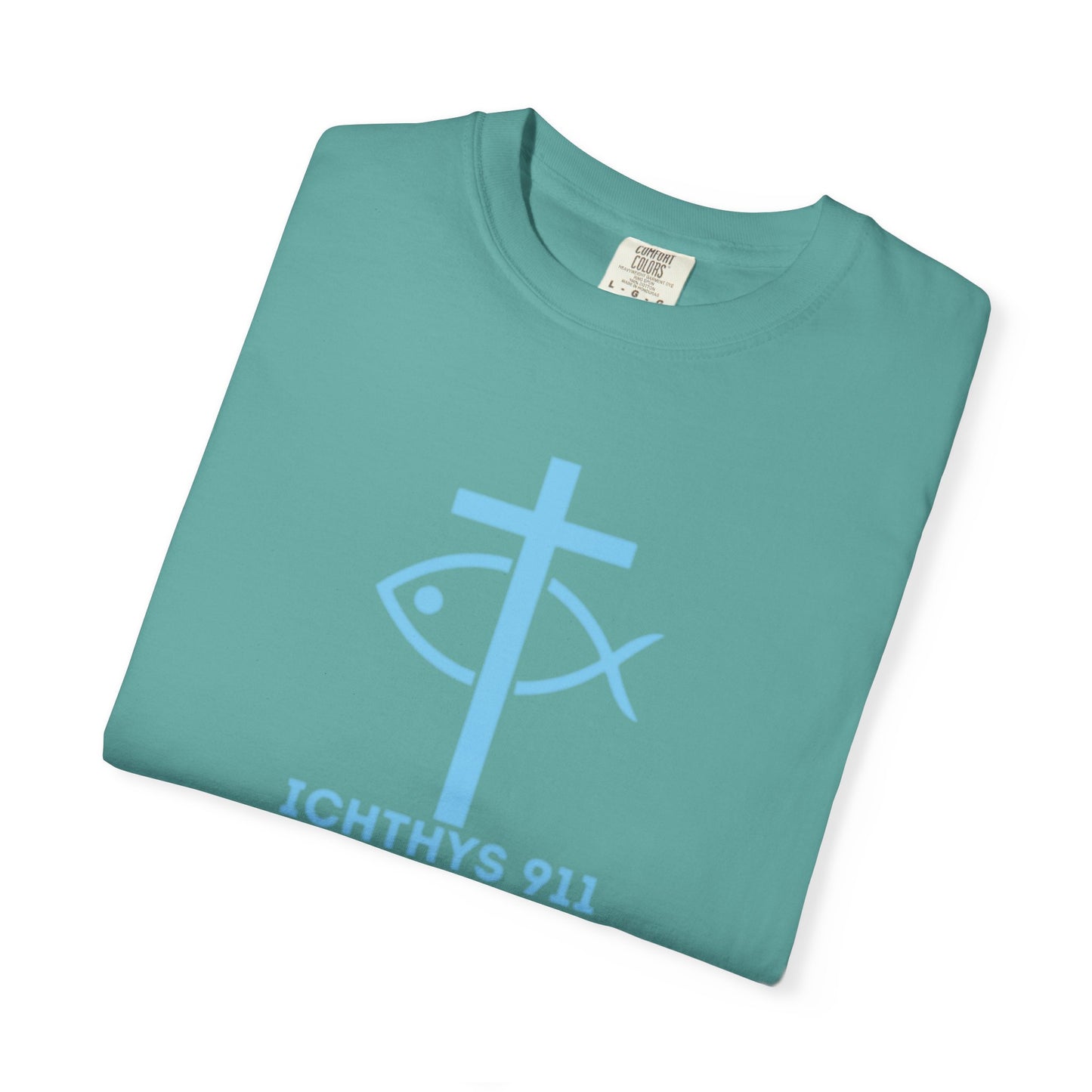 Iēsous Christos, Theou Yios, Sōtēr - Blue Font - Garment-Dyed Unisex T-Shirt - Men T-Shirt - Women T-Shirt - Christian Symbol - Greek - Faith Inspired -Christian Streetwear – Jesus Gym & Faith Fashion, Unisex Garment -ICHTHYS 911 - Additional Colors