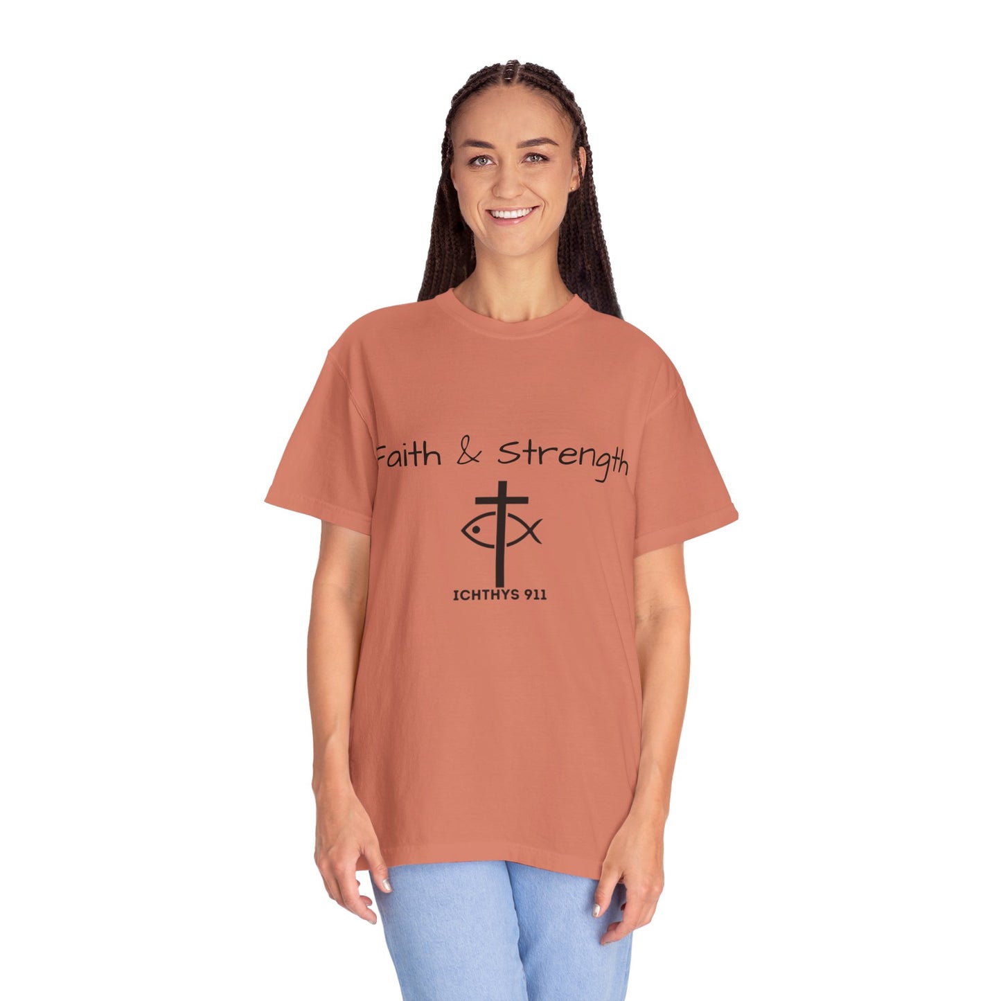 ICHTHYS 911 "Faith & Strength" Reverse - Black Font - Unisex Garment -Dyed Tee - 100% US Cotton - Men T-Shirt - Women T-Shirt - Inspirational Christian Shirt - Very Good Quality and Feel