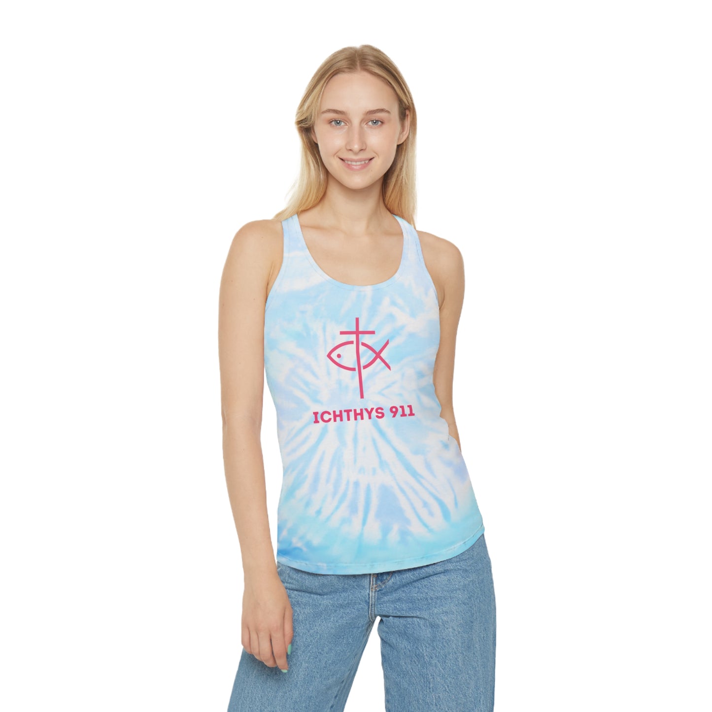 ICHTHYS 911 Tie Dye Racerback Tank Top – Chill Summer Vibes for Faithful Living - Wear Your Christian Faith