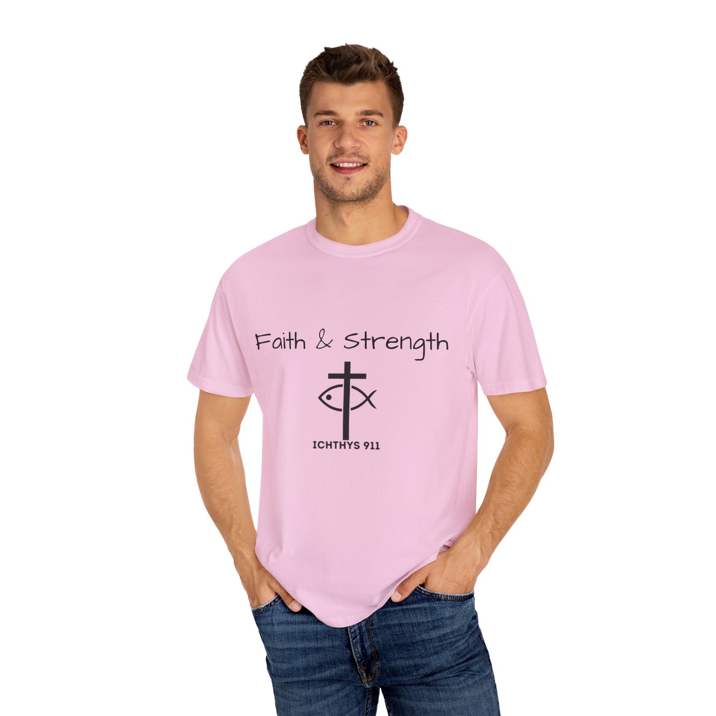 ICHTHYS 911 "Faith & Strength" Reverse - Black Font - Unisex Garment -Dyed Tee - 100% US Cotton - Men T-Shirt - Women T-Shirt - Inspirational Christian Shirt - Very Good Quality and Feel
