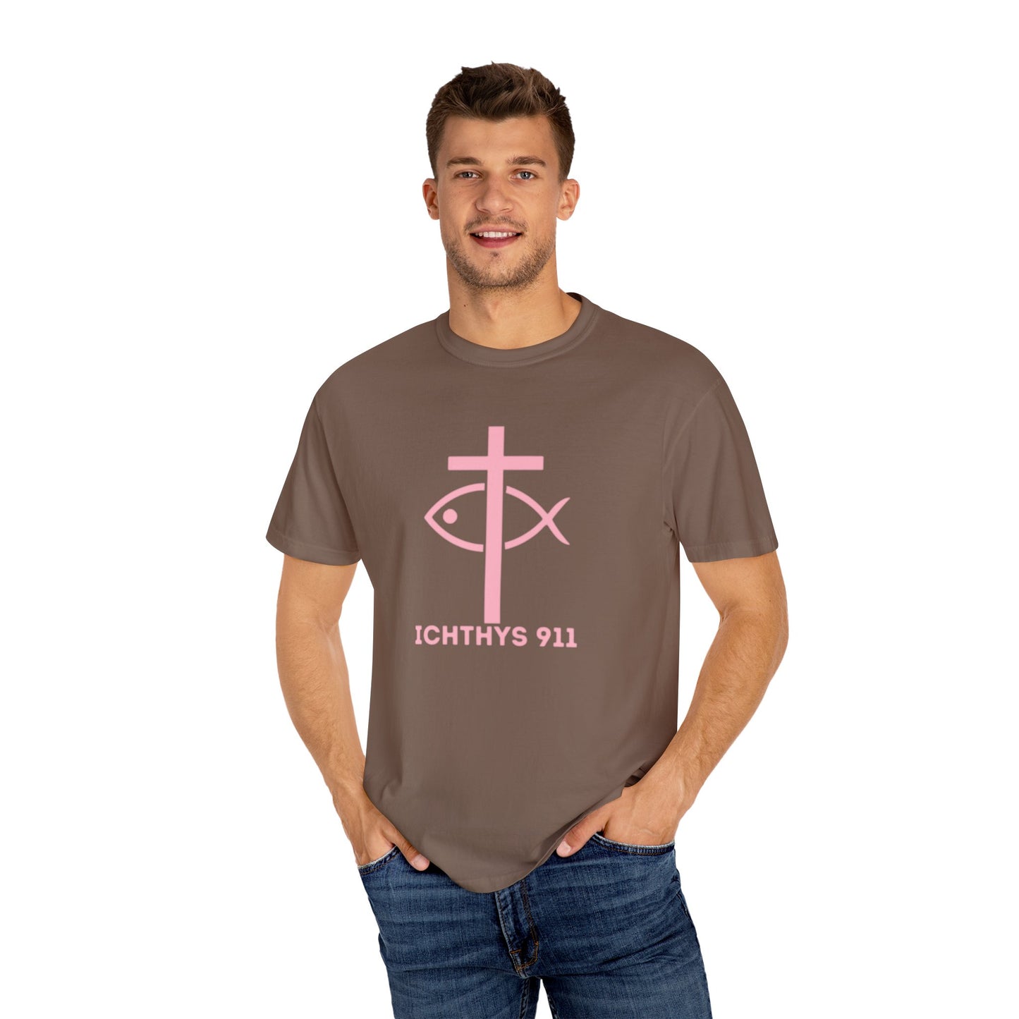 ICHTHYS 911 - Authentic - W/O IC 911 on Back -Christian Streetwear T-Shirt – Jesus Gym & Faith Fashion, Unisex Garment-Dyed T-Shirt Soft Pink Font