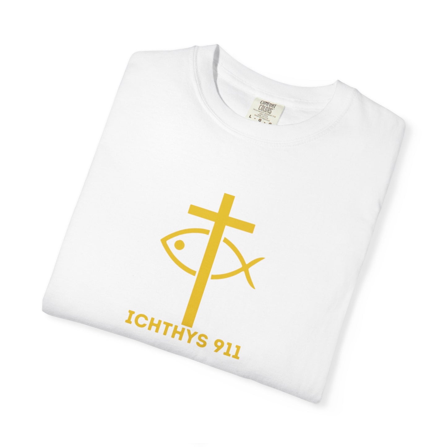 "Jesus Christ Son of God Savior" - Gold Font - Unisex Garment Dyed T- Shirt - Men T-Shirt - Women T-Shirt - Christian Streetwear T-Shirt – Jesus Gym & Faith Fashion,ICHTHYS 911 -