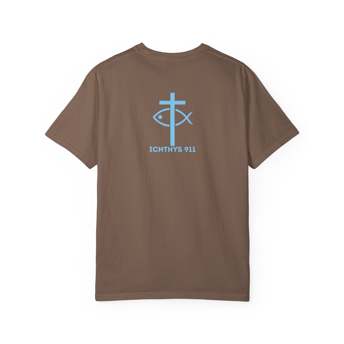 ICHTHYS 911 Blue & Black Font "Iēsous Christos, Theou Yios, Sōtēr" - Collection - Reverse Design - Unisex Garment Dyed - 100% US Cotton - Christian Graphic Tee - Gym - T - Christian Faith - Jesus Wear - Women T-Shirt - Men T-Shirt
