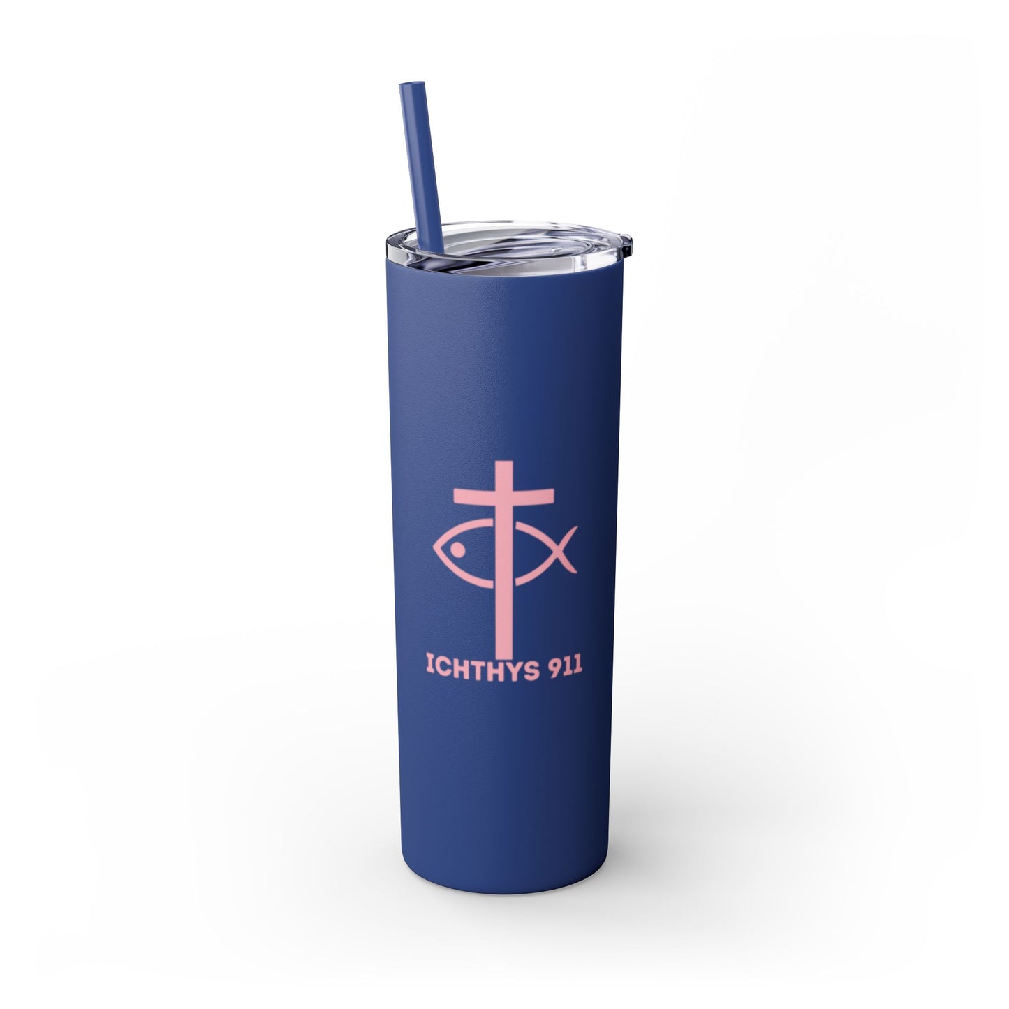 ICHTHYS 911 Pink Font Faith-Inspired Skinny Tumbler with Straw - 20oz