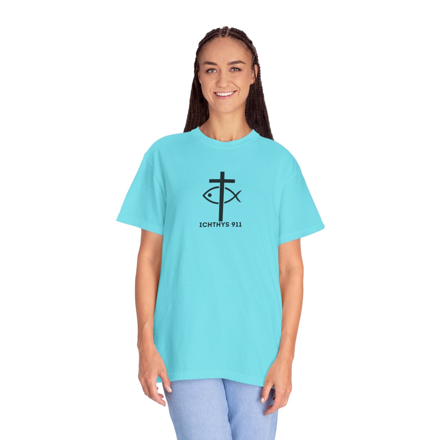 ICHTHYS 911 - Black Font - Additional Flavors - "Faith & Strength" - Unisex  - Garment Dyed -100% US Cotton -Short Sleeve Tee - Inspirational Graphic T-Shirt for Everyday Motivation - Women T-Shirt - Soft T