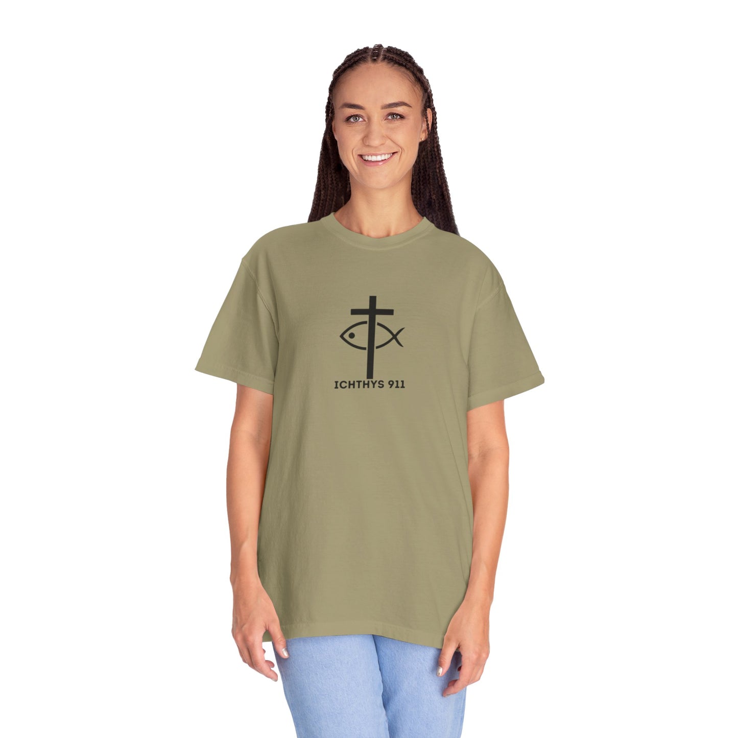 ICHTHYS 911 - Black Font "Faith & Strength" - Unisex Garment Dyed T- Shirt - 100% US Cotton - Men T-Shirt - Women T-Shirt - Inspirational Graphic T-Shirt for Everyday Motivation - Women T-Shirt - Soft T
