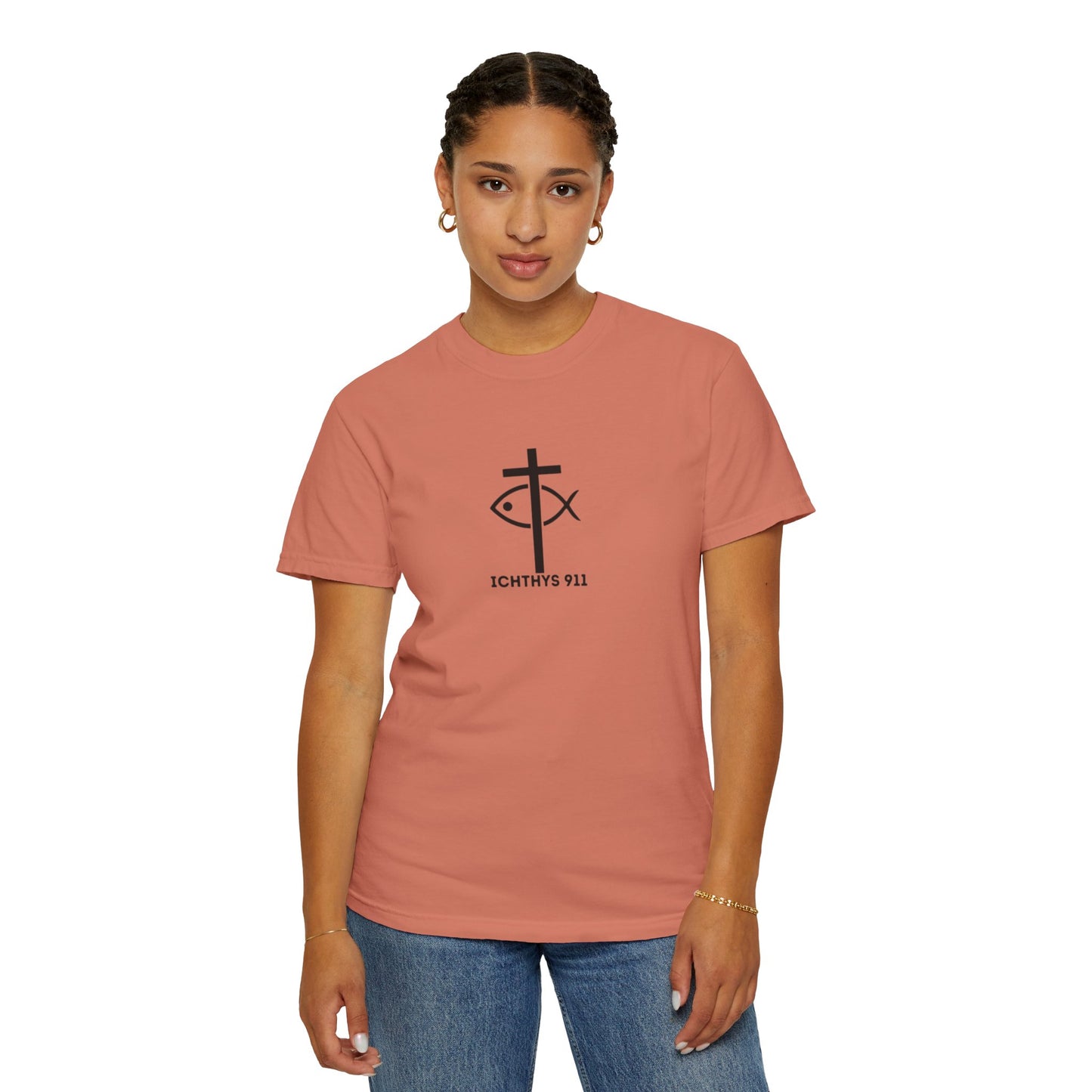 ICHTHYS 911 - Black Font "Faith & Strength" - Unisex Garment Dyed T- Shirt - 100% US Cotton - Men T-Shirt - Women T-Shirt - Inspirational Graphic T-Shirt for Everyday Motivation - Women T-Shirt - Soft T