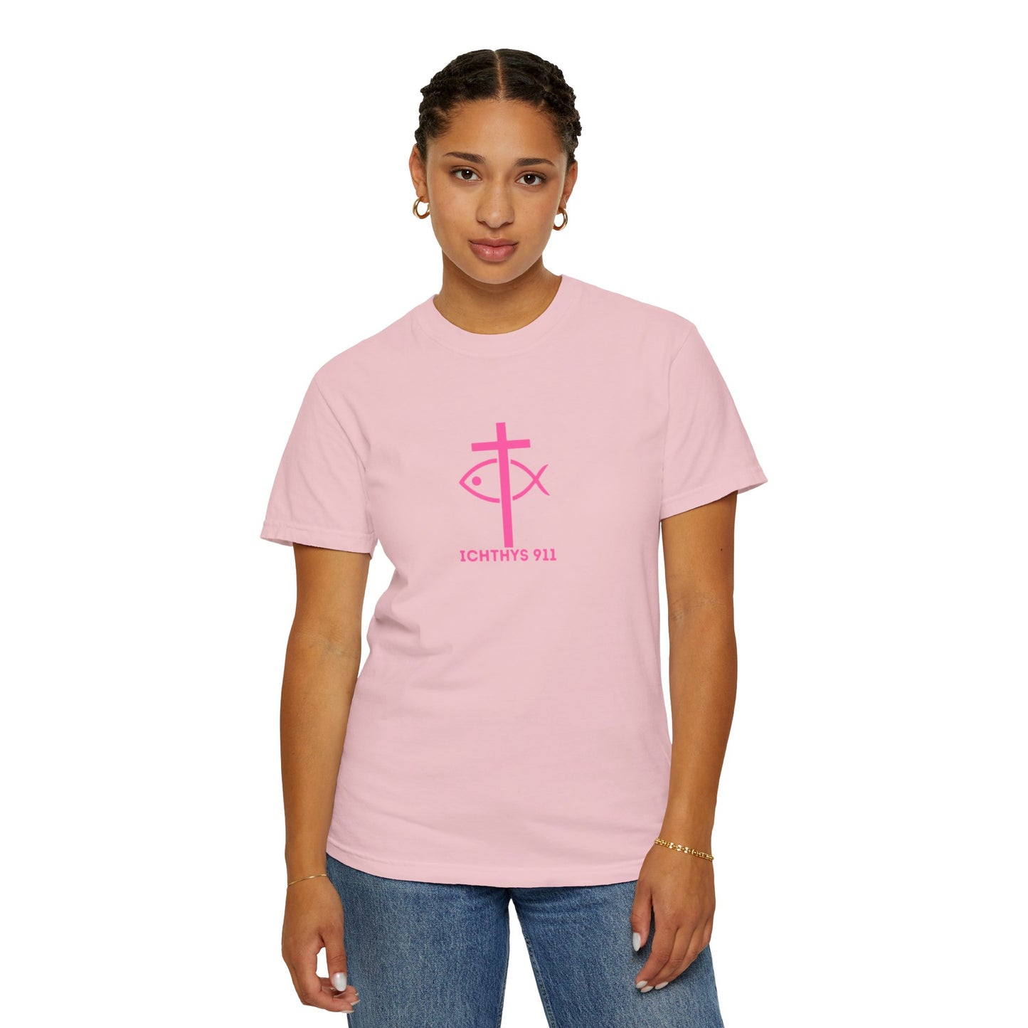 "Authentic Design" - Pink Font - Unisex - Men T-Shirt - Women T-Shirt - Christian Streetwear T-Shirt – Jesus Gym & Faith Fashion, Unisex Garment-Dyed T-Shirt - ICHTHYS 911