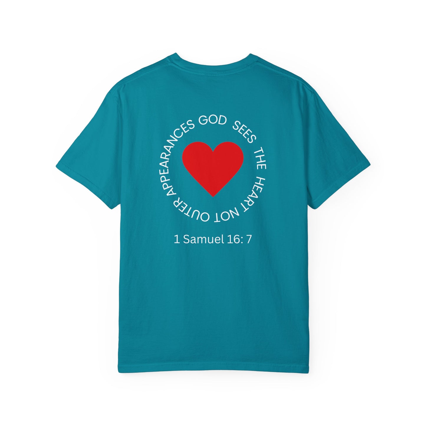 ICHTHYS 911 -  "God Sees the Heart" - White Font - Unisex Garment - Dyed T-Shirt - Inspirational Graphic T-Shirt for Everyday Motivation - 100% US cotton