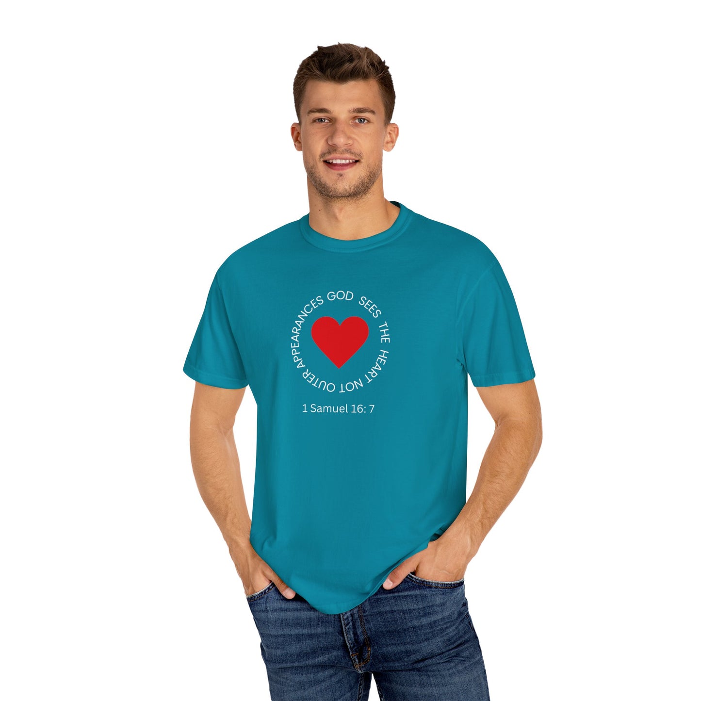 ICHTHYS 911 - "God Sees the Heart" Reverse Design - White Font - Unisex Garment - Dyed T-Shirt - 100% US Cotton - Men T-Shirt - Women T-Shirt - Inspirational Graphic T-Shirt for Everyday Motivation