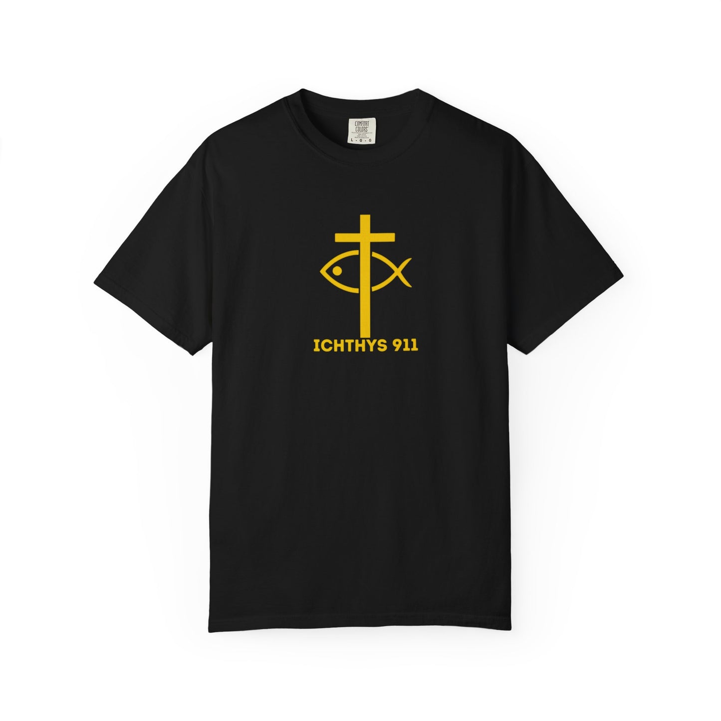 ICHTHYS 911 Gold Font "Faith, Hope, & Love" - Unisex Garment Dyed T-Shirt - 100# US Cotton - Men T-Shirt - Women T-Shirt - Christian T- Shirt -Faith-Inspired Shirt - Christian Fashion - Wear Your Faith