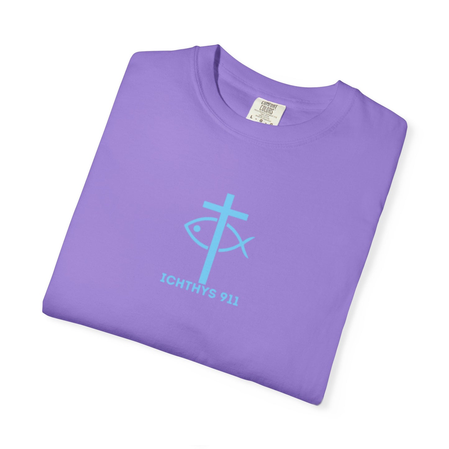 ICHTHYS 911 - "Jesus Christ Son of God Savior" Blue Font - Christian Streetwear T-Shirt – Jesus Gym & Faith Fashion, Unisex Garment-Dyed T-Shirt Blue Font