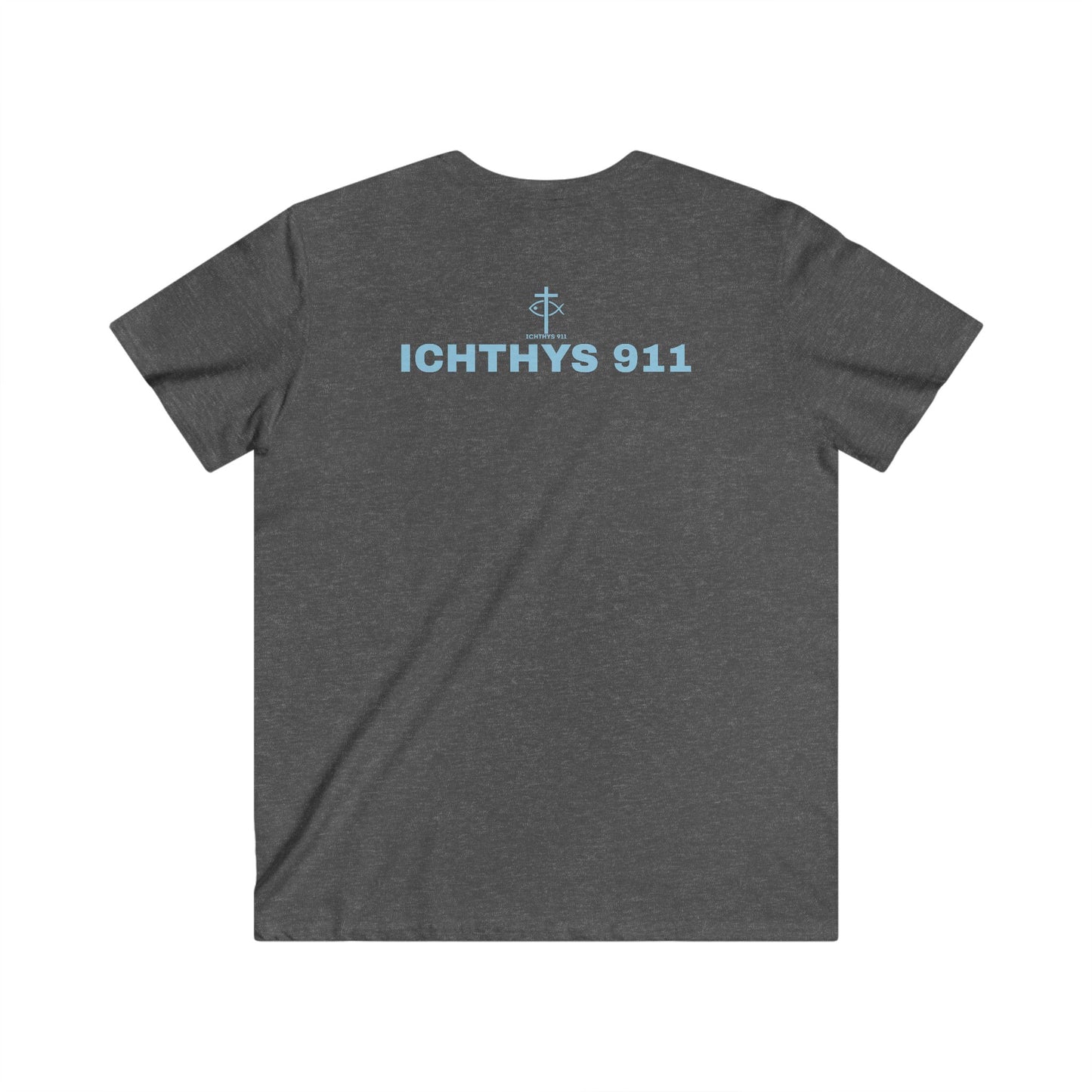 ICHTHYS 911 - Authentic Collection - Men's Fitted V-Neck Short Sleeve T - Shirt - Faith-Inspired in Light Blue Font Christian Faith