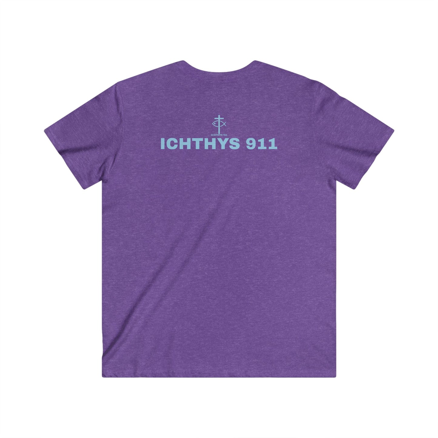ICHTHYS 911 - Authentic Collection - Men's Fitted V-Neck Short Sleeve T - Shirt - Faith-Inspired in Light Blue Font Christian Faith
