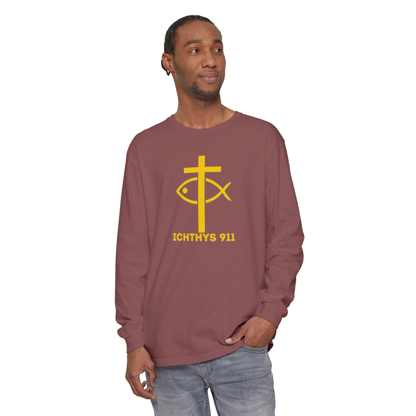 Authentic ICHTHYS 911 Collection -  Gold Font - Unisex Garment Dyed Long Sleeve T-Shirt - Men Long Sleeve - Women Long Sleeve - Christian Faith Symbol Tee - Faith Inspired