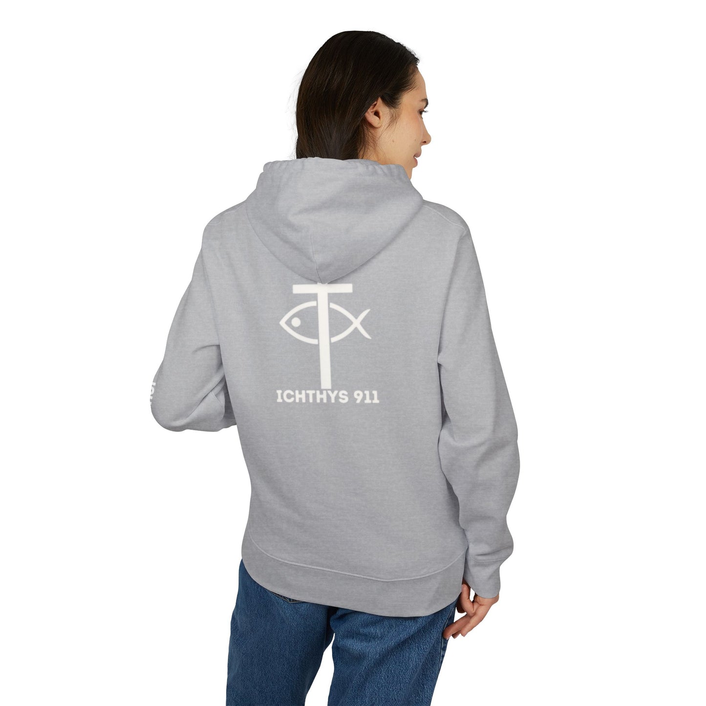 ICHTHYS 911 Hoodie – Unisex Pullover -White Font - Black Font on White - Heavy Fabric - ICHTHYS 911 Logo on Front & Back - 100% Organic