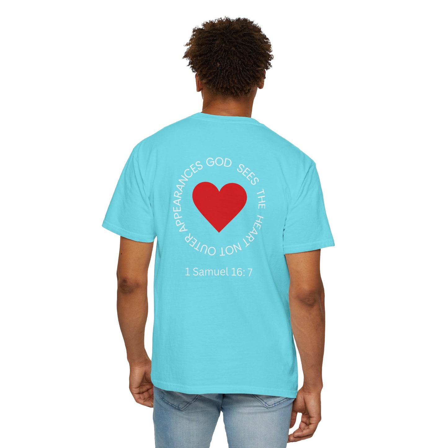 ICHTHYS 911 -  "God Sees the Heart" - White Font - Unisex Garment - Dyed T-Shirt - Inspirational Graphic T-Shirt for Everyday Motivation - 100% US cotton