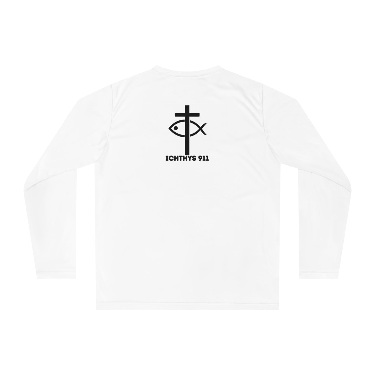 ICHTHYS 911 "Faith & Strength" Black Font Reverse Design - Unisex Performance Long Sleeve Shirt - Christian Activewear - Men - Women -100% Moisture-Wicking Poly