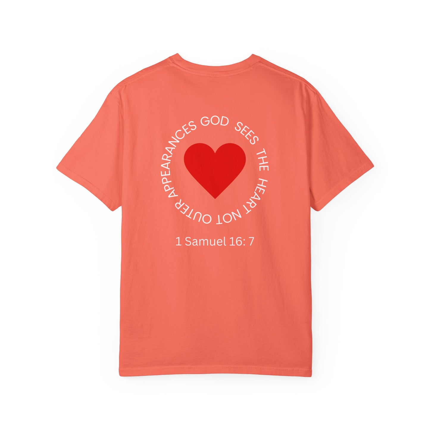 ICHTHYS 911 -  "God Sees the Heart" - White Font - Unisex Garment - Dyed T-Shirt - Inspirational Graphic T-Shirt for Everyday Motivation - 100% US cotton