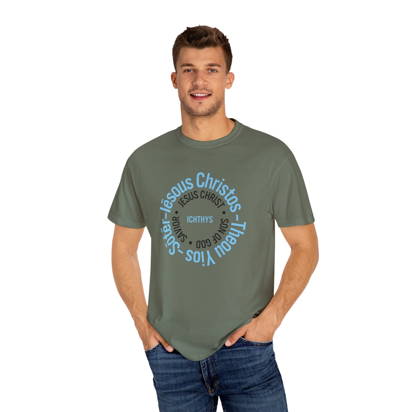 ICHTHYS 911 Blue & Black Font "Iēsous Christos, Theou Yios, Sōtēr" - Collection - Reverse Design - Unisex Garment Dyed - 100% US Cotton - Christian Graphic Tee - Gym - T - Christian Faith - Jesus Wear - Women T-Shirt - Men T-Shirt
