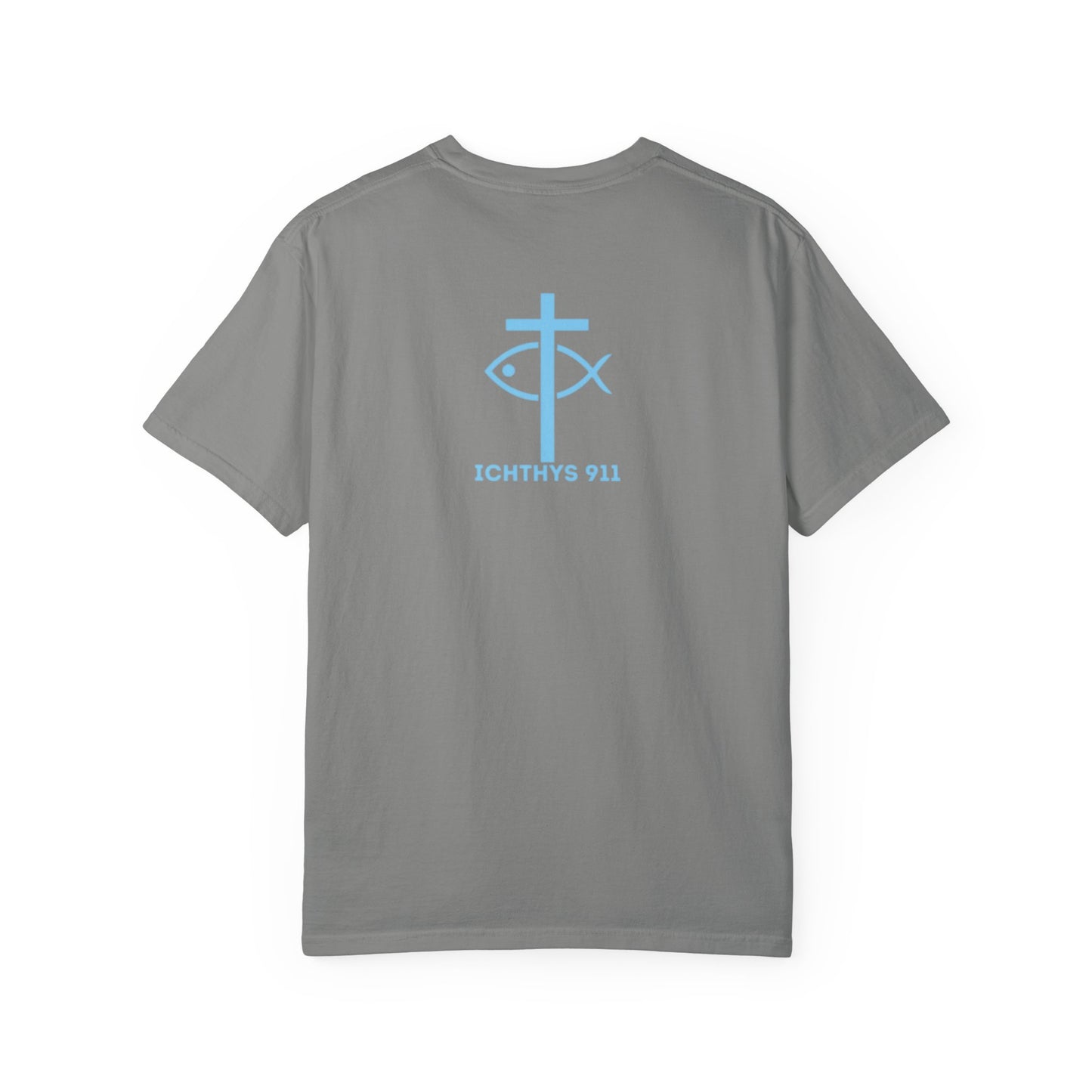 ICHTHYS 911 Blue Font "Iēsous Christos, Theou Yios, Sōtēr" - Reverse - Collection - Unisex - Christian Graphic Tee - Gym - T - Christian Faith - Jesus Wear - Women T-Shirt - Men T-Shirt