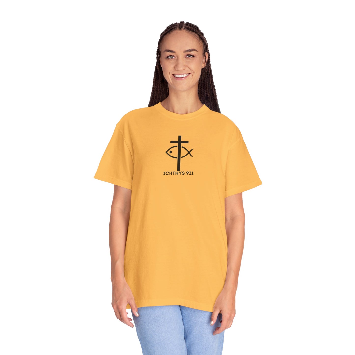 ICHTHYS 911 Black Font - "Run With Endurance Hebrews 12:1" - Unisex Garment Dyed T-Shirt -100% US Cotton - Men T-Shirt - Women T-Shirt - Bible Verse - Christian Faith - Christian Workout