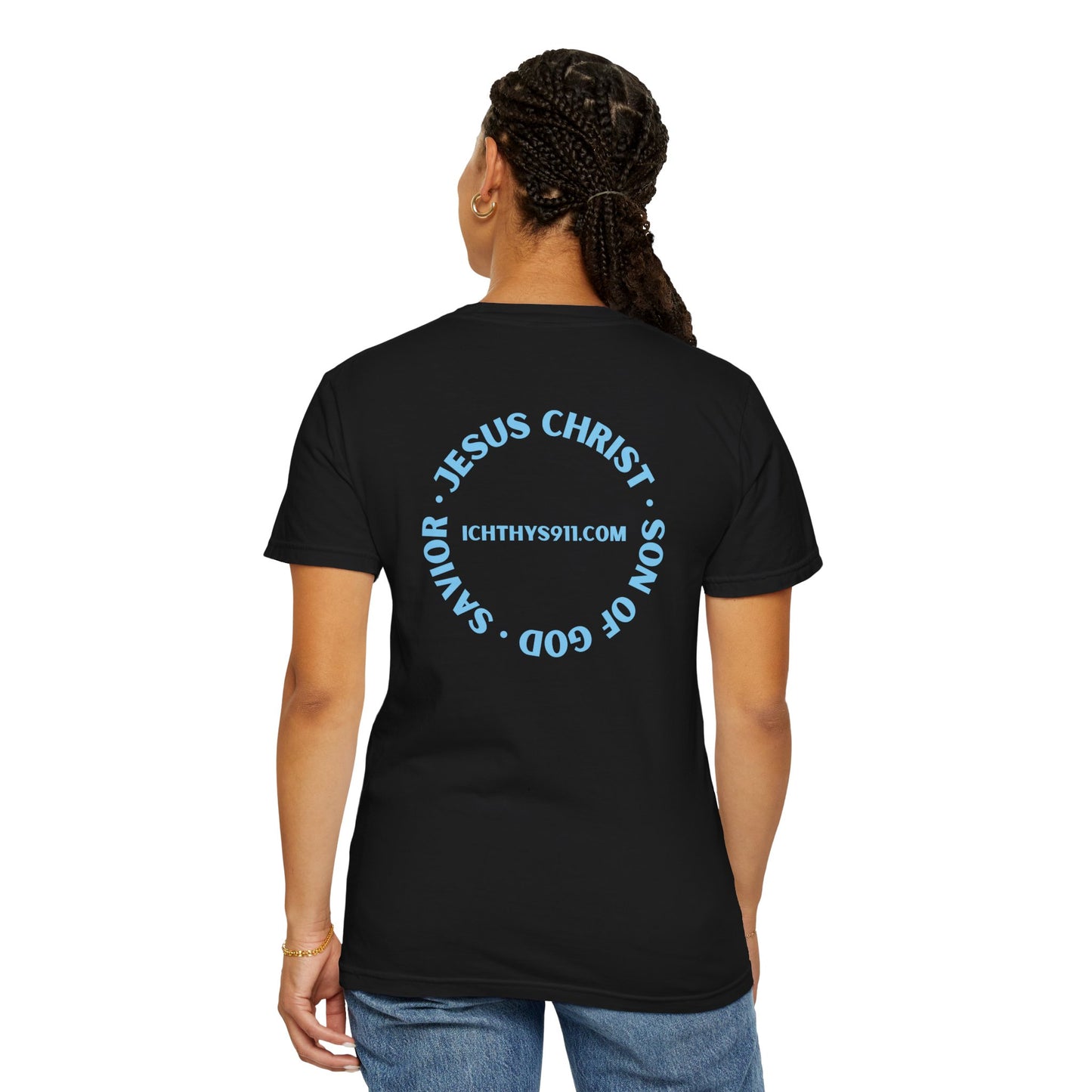 Jesus Christ Son of God Savior - Blue Font - Unisex Garment Dyed T- Shirt - Men T-Shirt - Women T-Shirt - Christian Streetwear T-Shirt – Jesus Gym & Faith Fashion - ICHTHYS 911