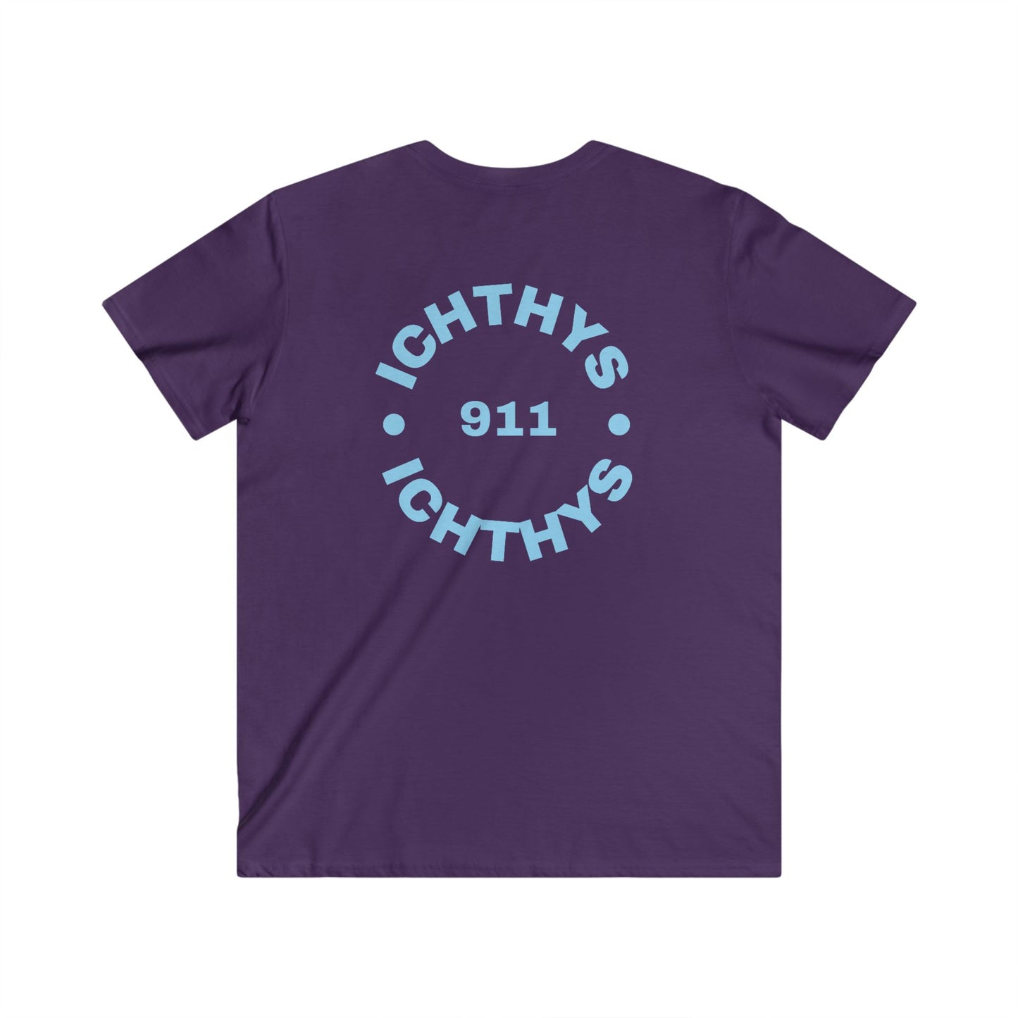 ICHTHYS 911 - Blue Font - "IC Round" - Men's Fitted V-Neck Tee - Casual Comfort for Everyday Wear - Casual T-Shirt - Soft Shirt - Faith Wear