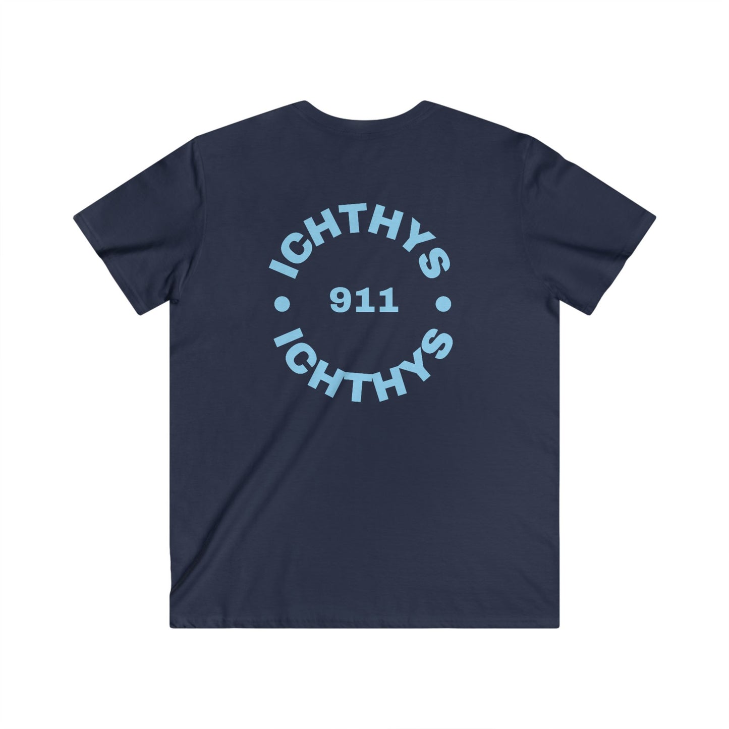 ICHTHYS 911 - Blue Font - "IC Round" - Men's Fitted V-Neck Tee - Casual Comfort for Everyday Wear - Casual T-Shirt - Soft Shirt - Faith Wear