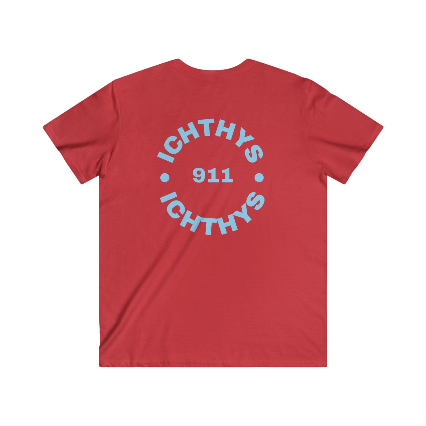 ICHTHYS 911 - Blue Font - "IC Round" - Men's Fitted V-Neck Tee - Casual Comfort for Everyday Wear - Casual T-Shirt - Soft Shirt - Faith Wear