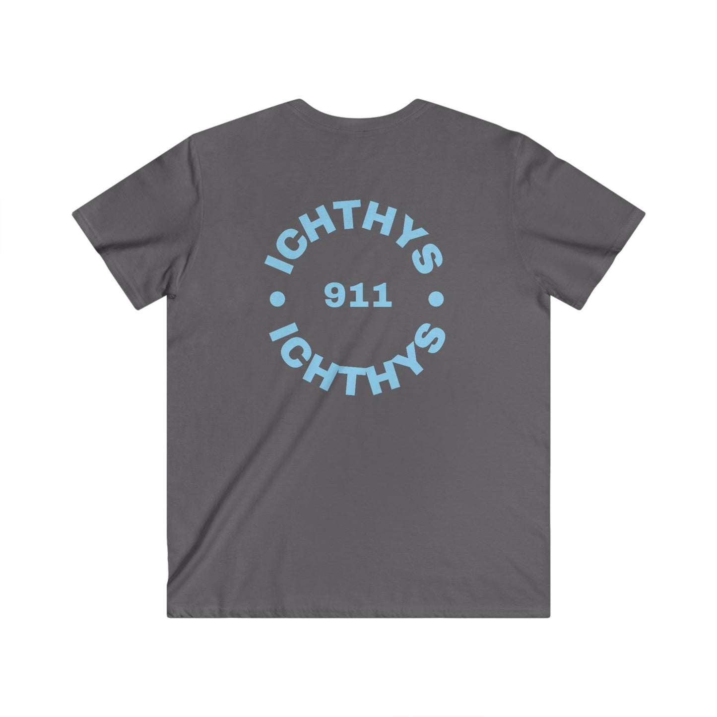 ICHTHYS 911 - Blue Font - "IC Round" - Men's Fitted V-Neck Tee - Casual Comfort for Everyday Wear - Casual T-Shirt - Soft Shirt - Faith Wear