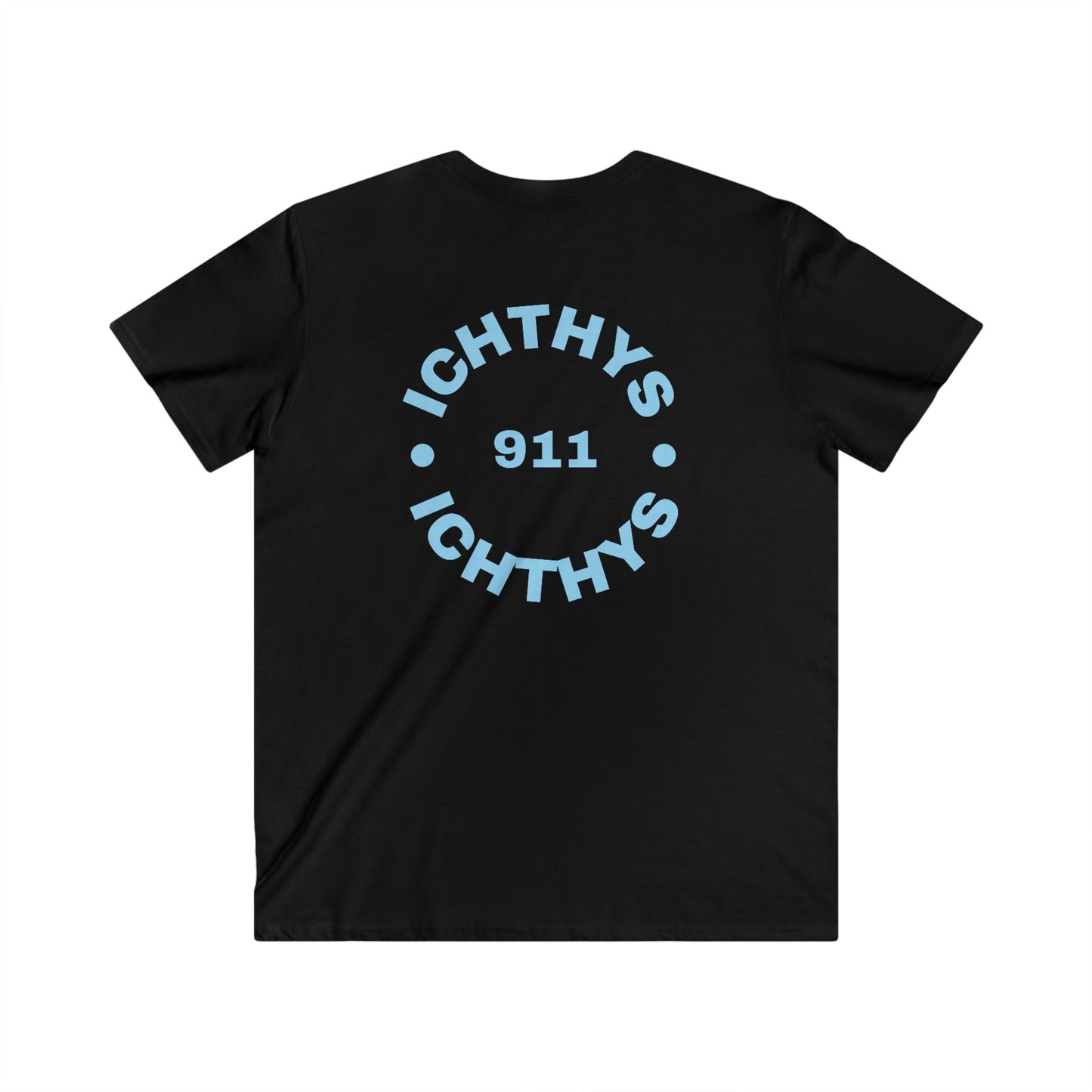 ICHTHYS 911 - Blue Font - "IC Round" - Men's Fitted V-Neck Tee - Casual Comfort for Everyday Wear - Casual T-Shirt - Soft Shirt - Faith Wear