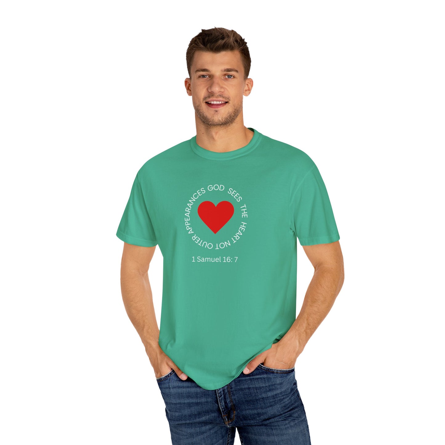ICHTHYS 911 - "God Sees the Heart" Reverse Design - White Font - Unisex Garment - Dyed T-Shirt - 100% US Cotton - Men T-Shirt - Women T-Shirt - Inspirational Graphic T-Shirt for Everyday Motivation