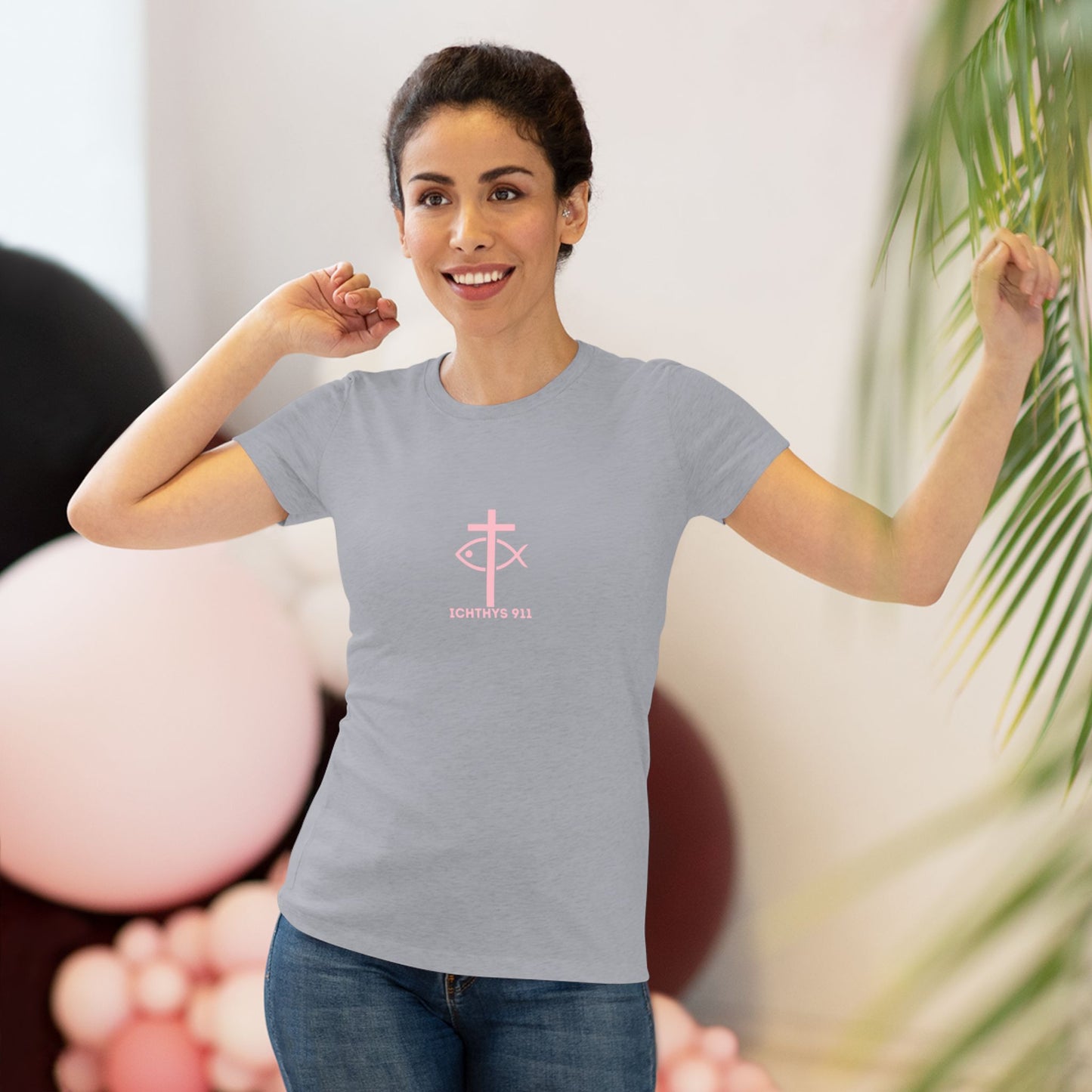 ICHTHYS 911 "IC Round Collection" Pink Font - Inspirational Women's Triblend Tee - Women T-Shirt - 50% polyester, 25% cotton, 25% ryaon