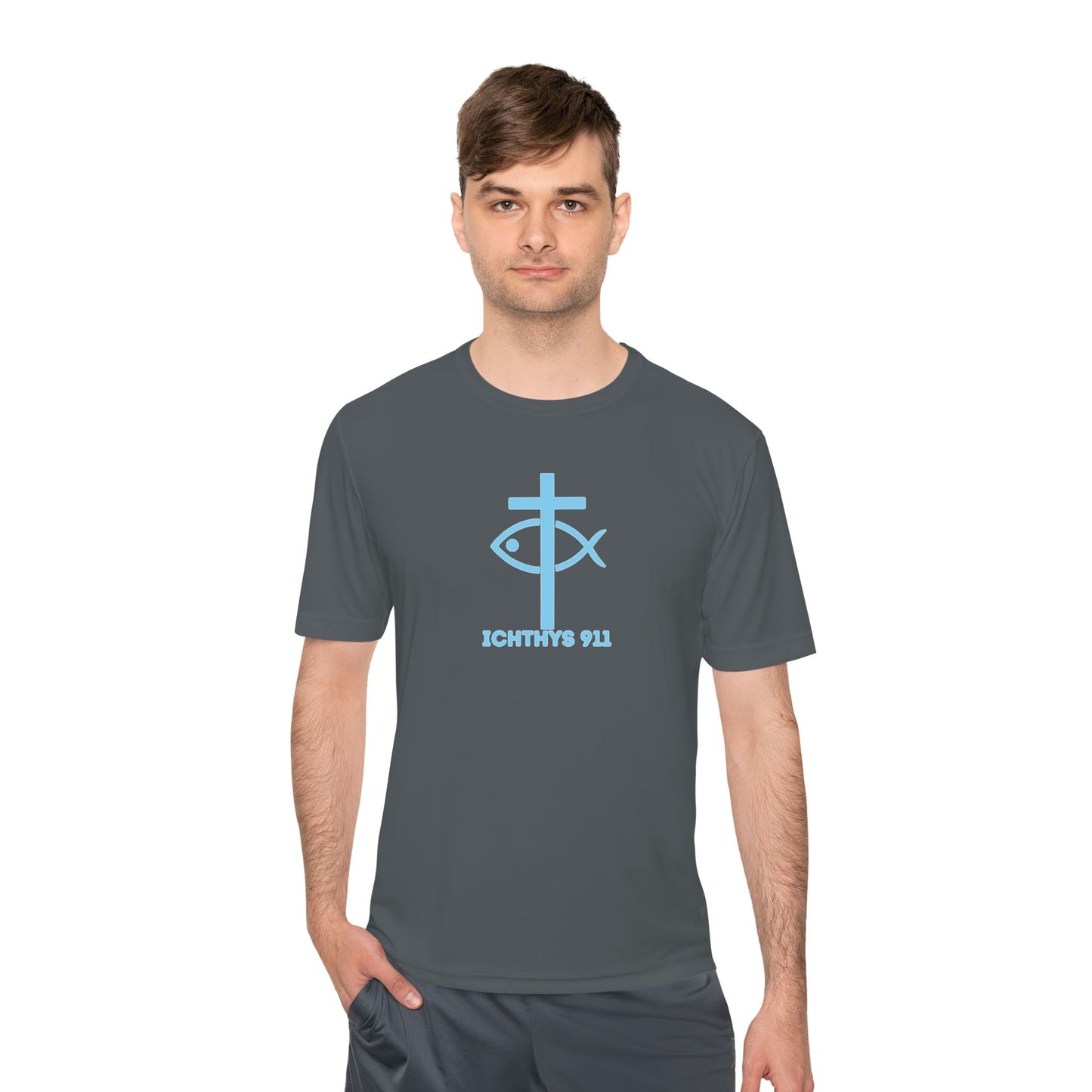 ICHTHYS 911 - Blue Font - "Jesus Is His Name Saving Souls is His Game" - Unisex Performance Shirt -Men T-Shirt - Women - Moisture Wicking Tee911