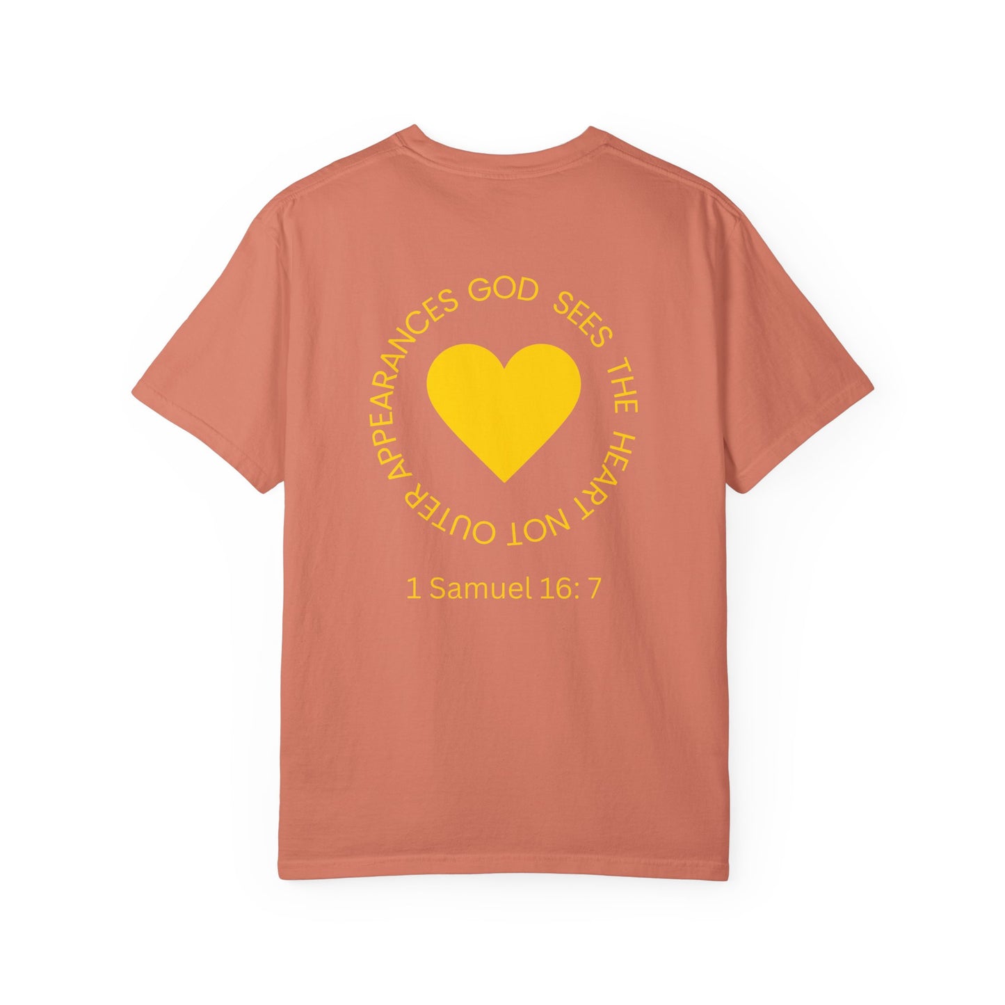 ICHTHYS 911 - "God Sees the Heart" Reverse' Gold Font - Unisex Garment - Dyed T-Shirt - 100% US Cotton - Men T-Shirt - Women T-Shirt - Inspirational Graphic T-Shirt for Everyday Motivation