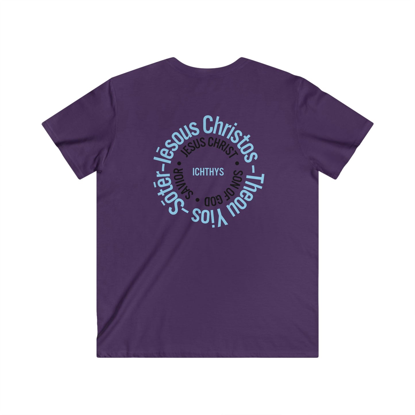 Iēsous Christos, Theou Yios, Sōtēr - Collection - Black Font - Men's Fitted V-Neck Short Sleeve T - Shirt - Faith-Inspired - Christian Faith ICHTHYS 911 Design