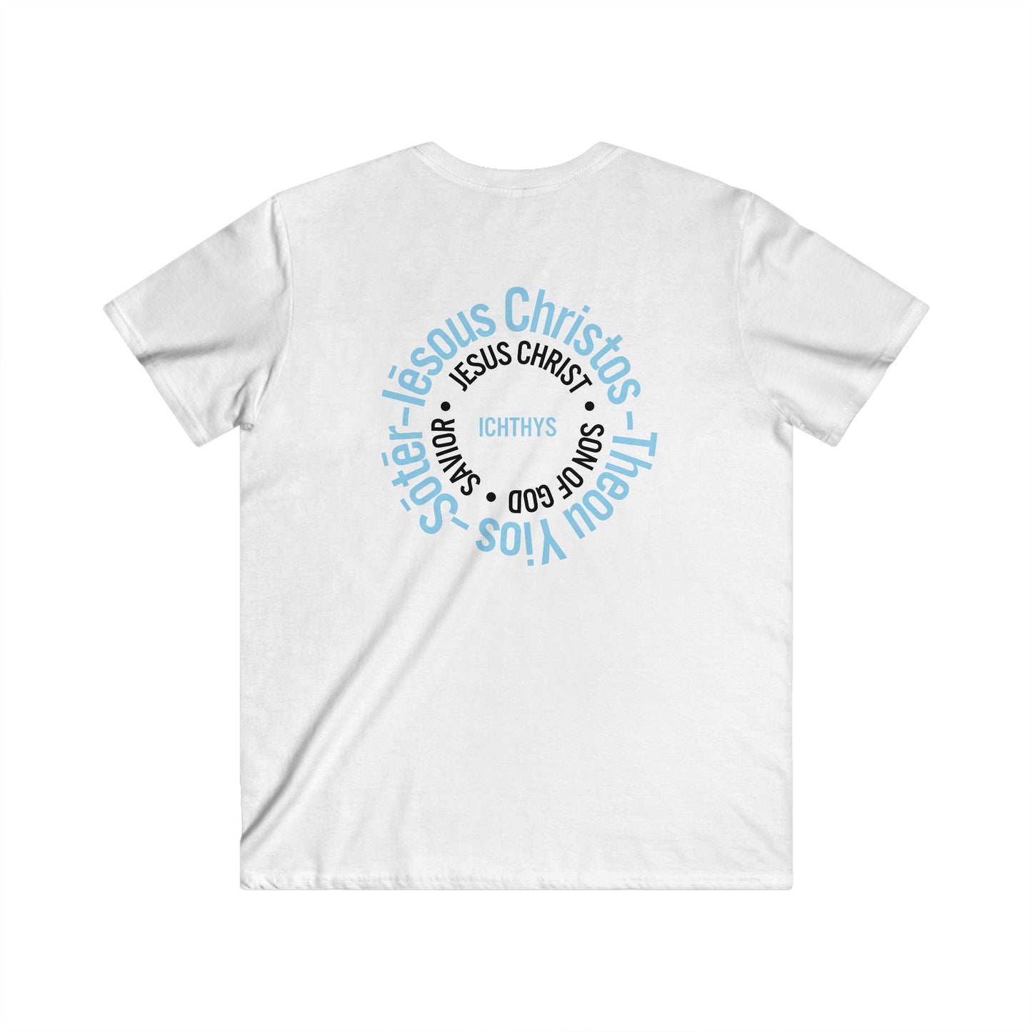 Iēsous Christos, Theou Yios, Sōtēr - Collection - Black Font - Men's Fitted V-Neck Short Sleeve T - Shirt - Faith-Inspired - Christian Faith ICHTHYS 911 Design