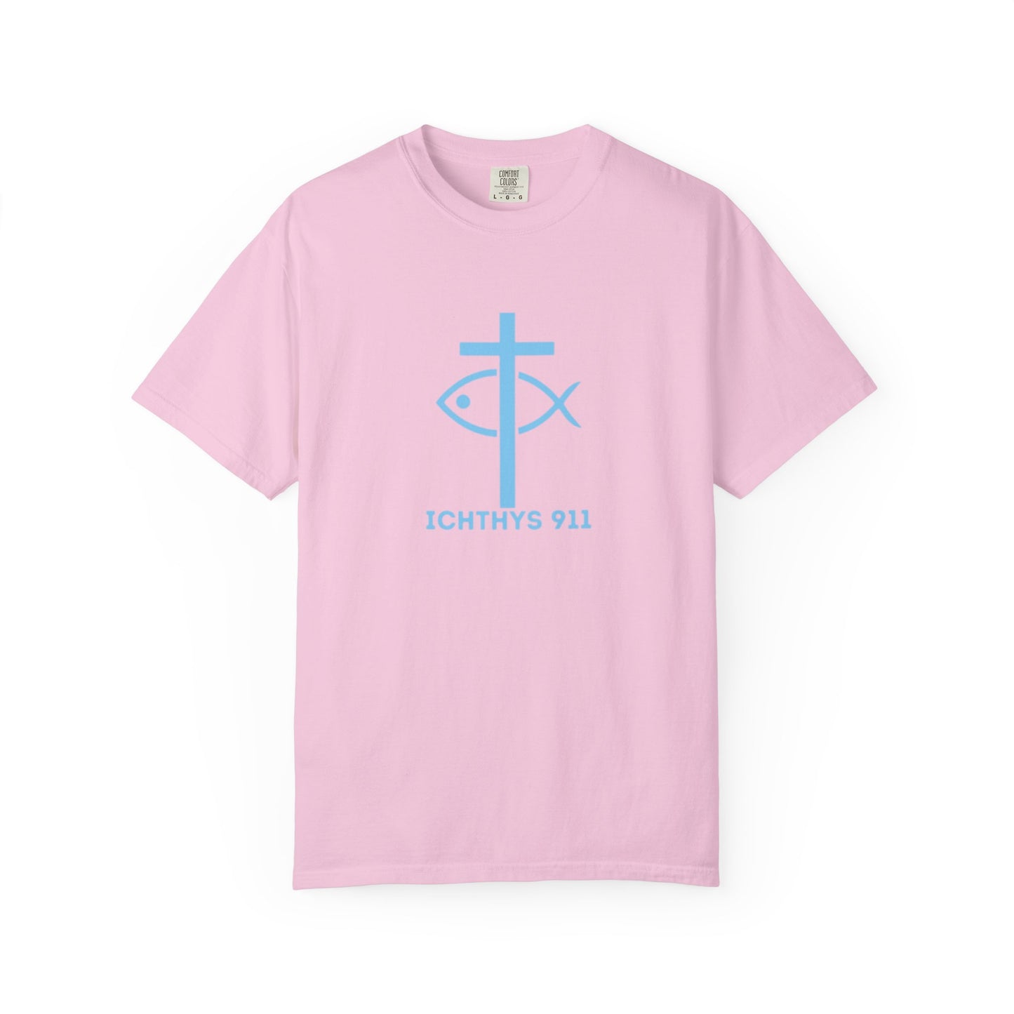 ICHTHYS 911 "Strength Through Christ Philippians 4:13" - Blue Font - Unisex Garment Dyed T- Shirt - 100% US Cotton -Men T-Shirt - Women T-Shirt- Christian Activewear - Wear Your Faith