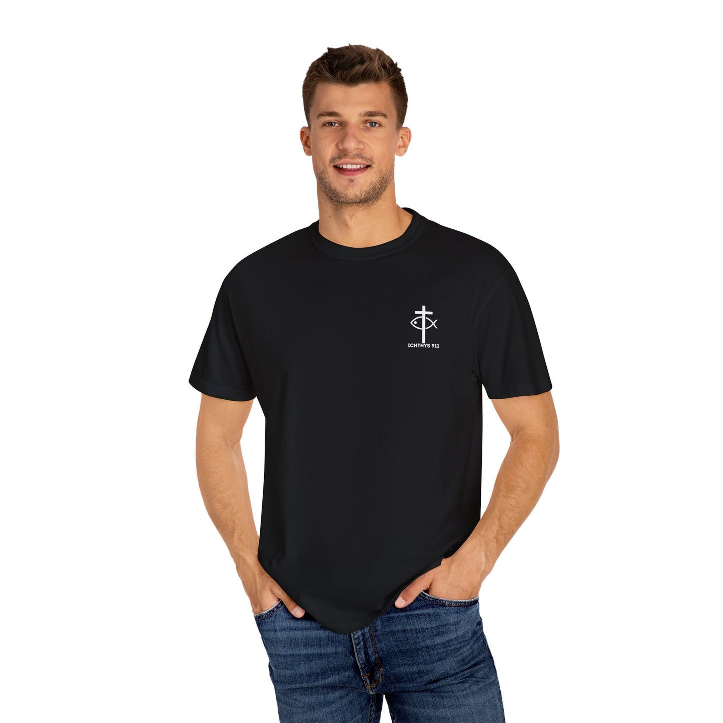 ICHTHYS 911 Badge Collection - White Font - Unisex  Garment Dyed T-Shirt - 100% US Cotton - Men T-Shirt - Women T-Shirt - Christian Graphic Tee - Gym - T - Christian Faith - Jesus Wear - White Font