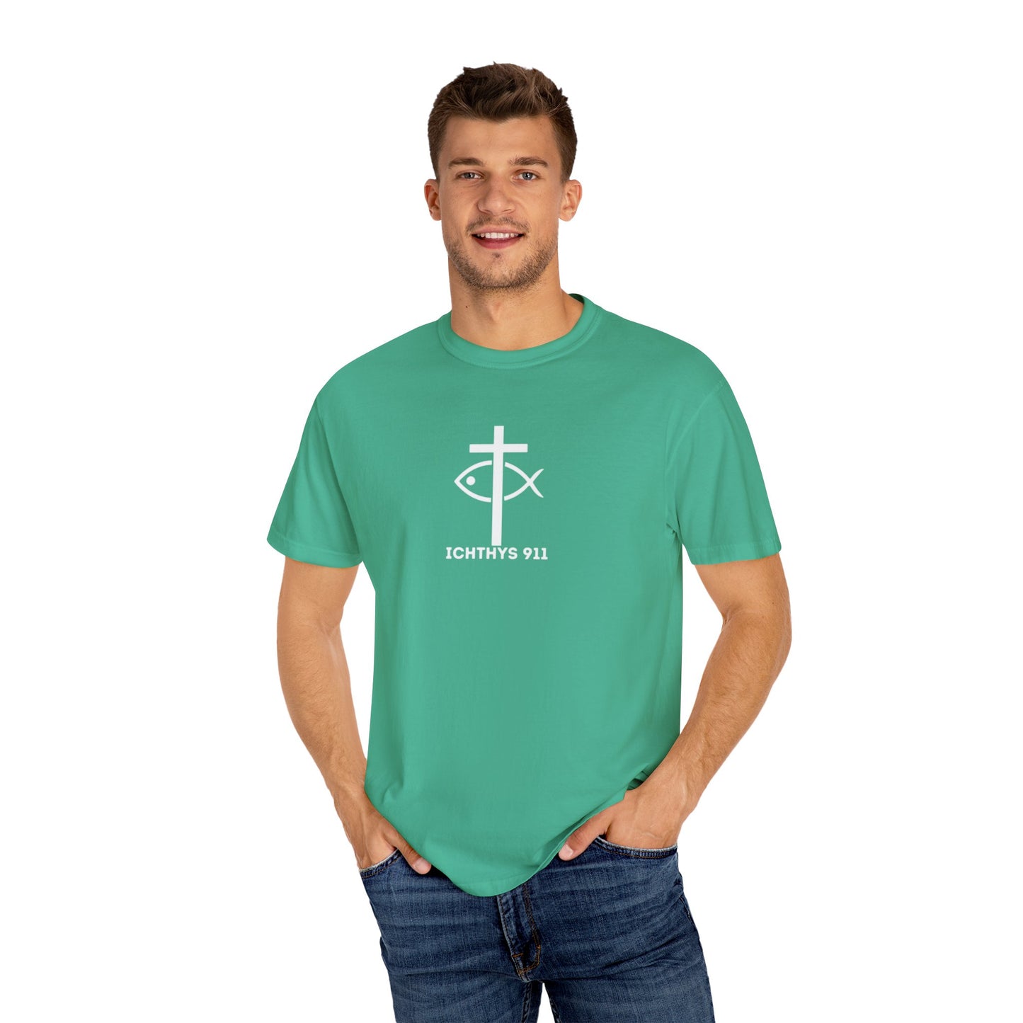 ICHTHYS 911 -  "God Sees the Heart" - White Font - Unisex Garment - Dyed T-Shirt - Inspirational Graphic T-Shirt for Everyday Motivation - 100% US cotton