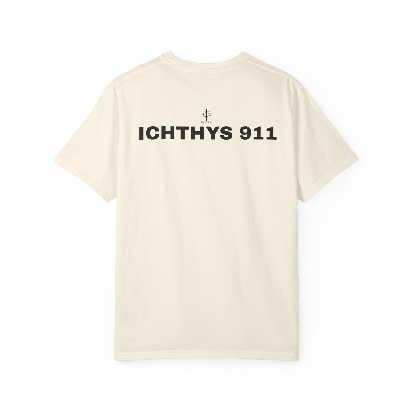 ICHTHYS 911 - Authentic - Christian Streetwear T-Shirt – Jesus Gym & Faith Fashion - Men T-Shirt - Women T-Shirt -Unisex Garment-Dyed T-Shirt Black Font
