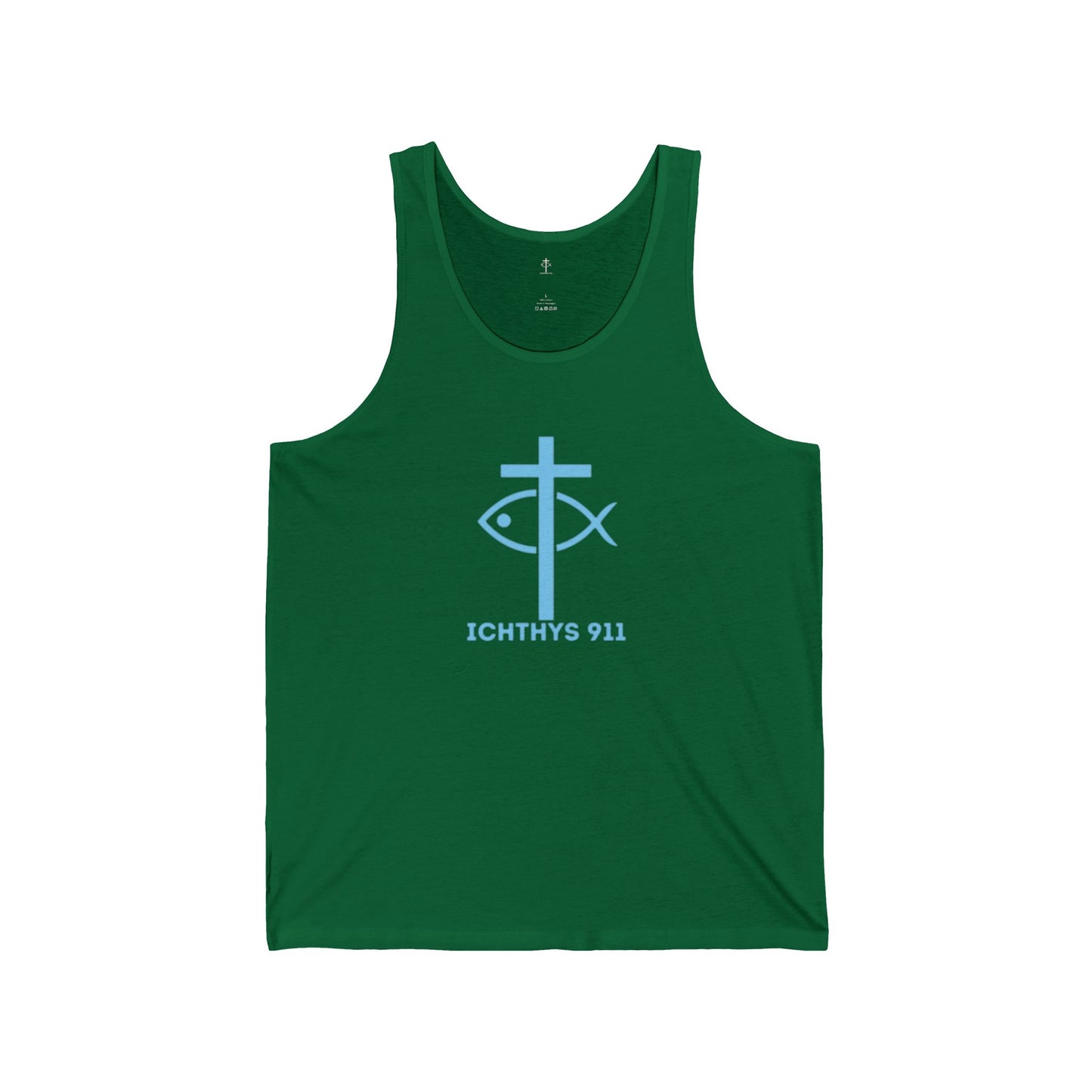 Iēsous Christos, Theou Yios, Sōtēr = Jesus Christ Son of God Savior  Blue Font - Men Tank - Women -Tank Top - Unisex Tank Top - Christian - ICHTHYS 91 Design Tee - Gym Gear - Faith Fashion